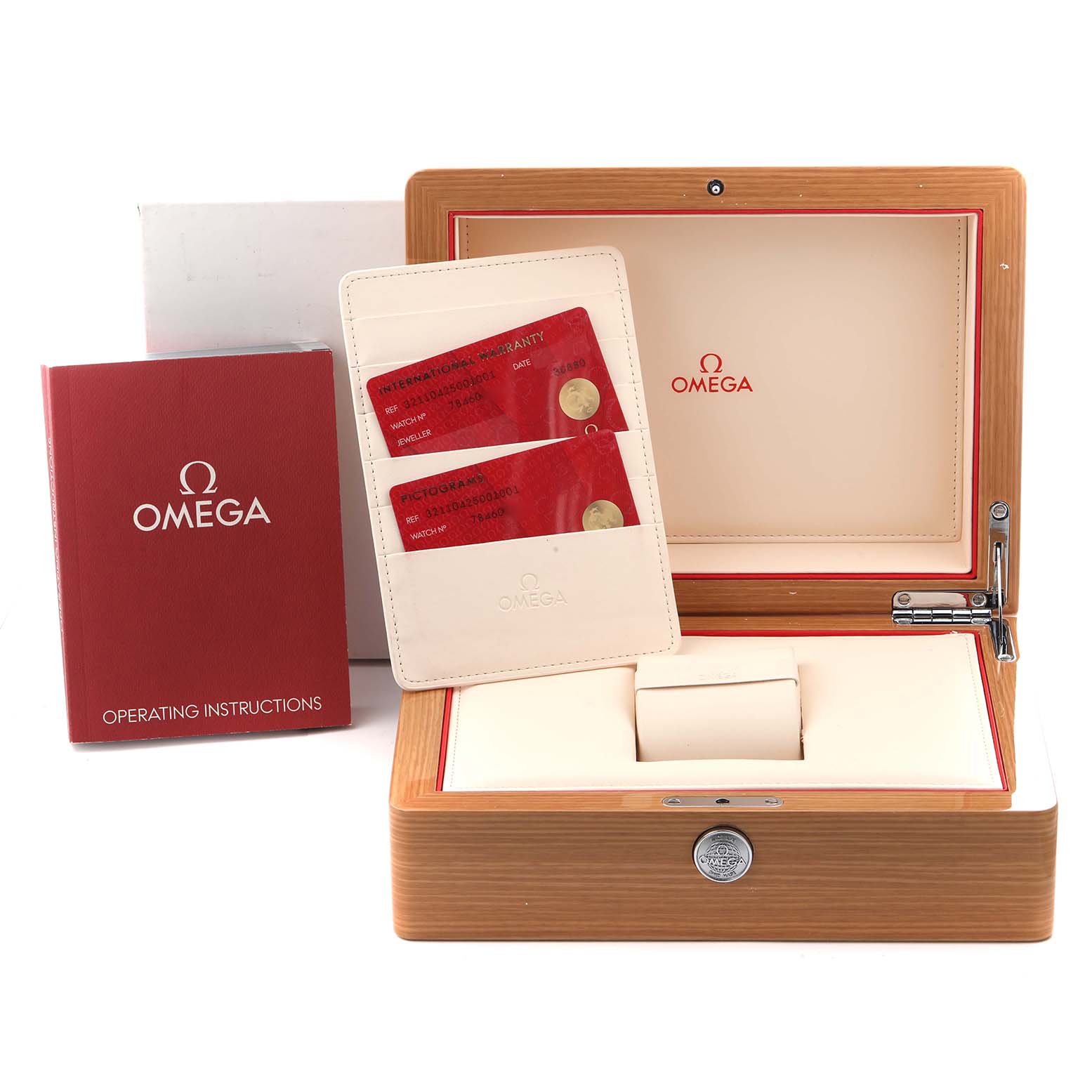 The image shows the Omega Speedmaster 321.10.42.50.01.001 Men's Stainless Steel Black Dial 321.10.42.50.01.001 Men's Stainless Steel Black Dial watch box, warranty cards, and an instruction manual from a front angle.