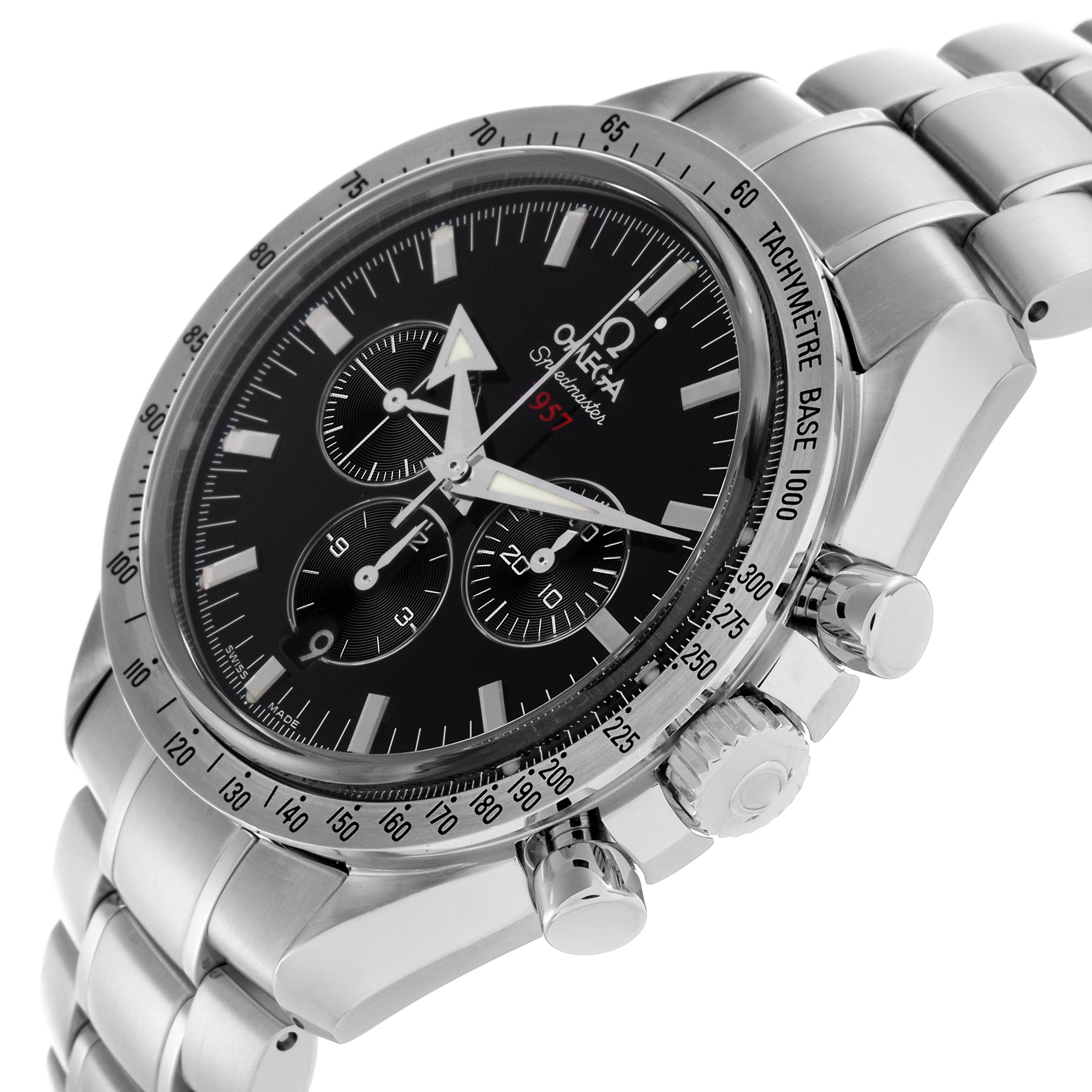 The Omega Speedmaster 321.10.42.50.01.001 Men's Stainless Steel Black Dial 321.10.42.50.01.001 Men's Stainless Steel Black Dial watch is shown at an angle highlighting its dial, bezel, crown, and chronograph pushers.
