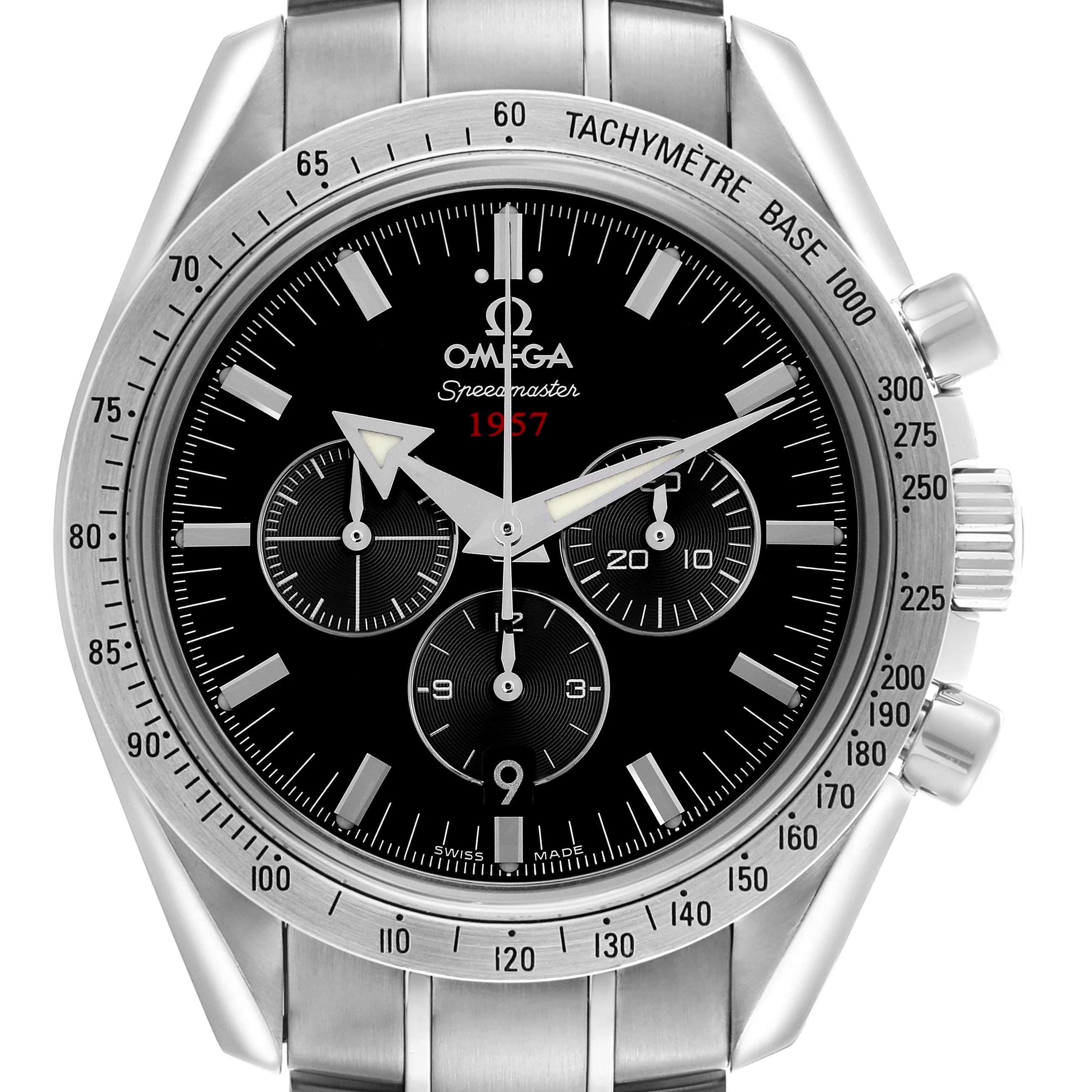 The Omega Speedmaster 321.10.42.50.01.001 Men's Stainless Steel Black Dial 321.10.42.50.01.001 Men's Stainless Steel Black Dial watch is shown from the front, displaying the dial, subdials, tachymeter bezel, and part of the bracelet.