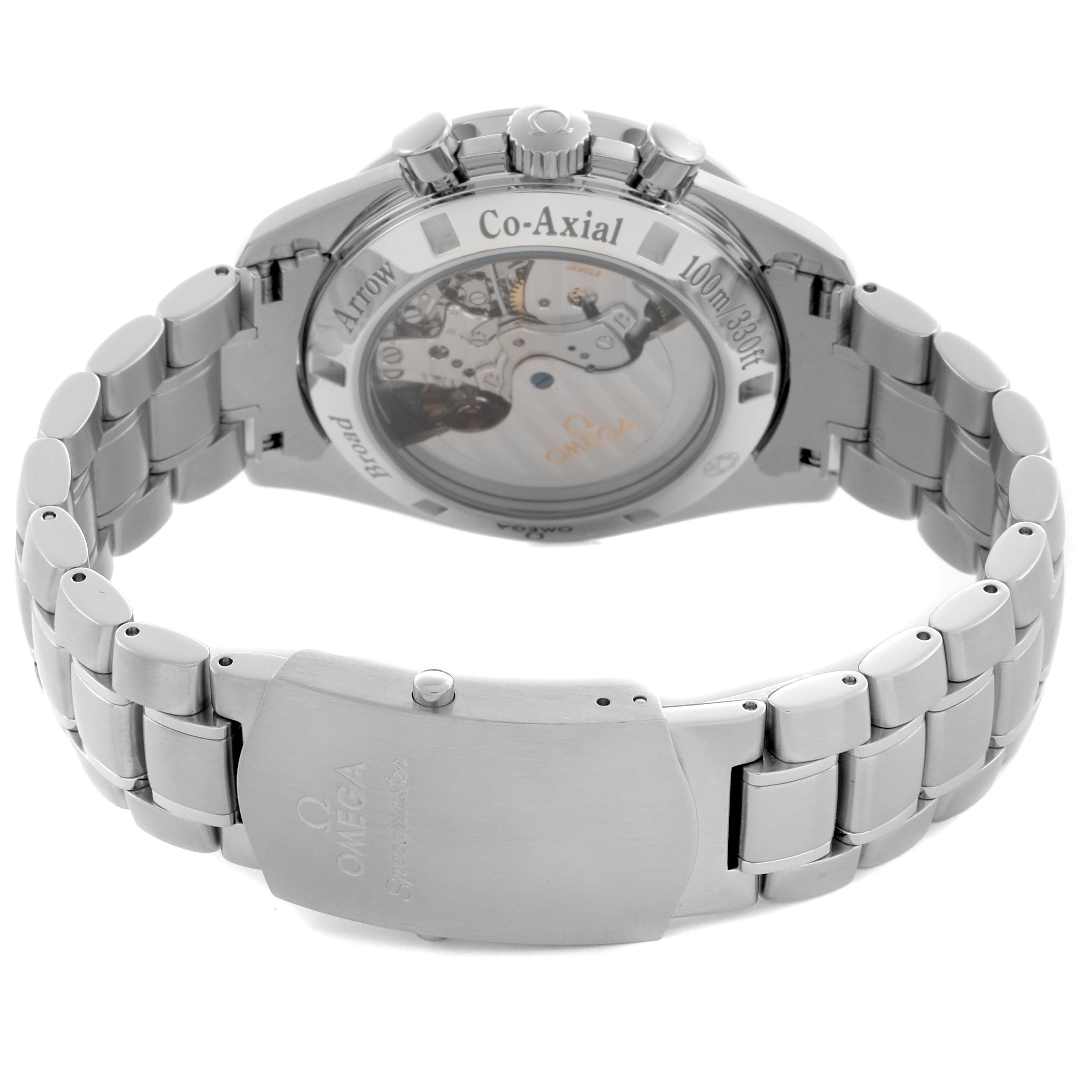 The Omega Speedmaster 321.10.42.50.01.001 Men's Stainless Steel Black Dial 321.10.42.50.01.001 Men's Stainless Steel Black Dial watch is shown from the back, highlighting the transparent case back and metal bracelet.