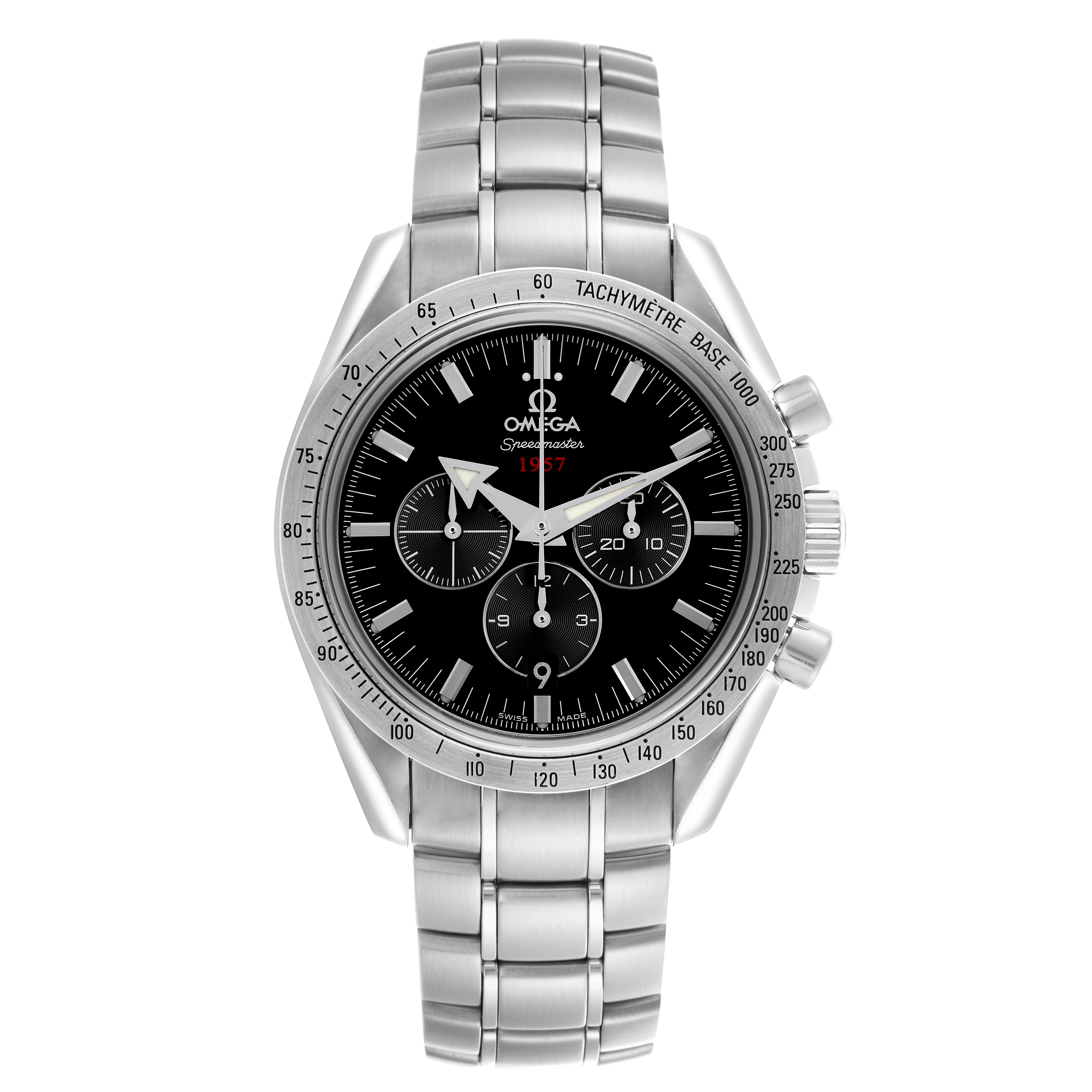 The Omega Speedmaster 321.10.42.50.01.001 Men's Stainless Steel Black Dial 321.10.42.50.01.001 Men's Stainless Steel Black Dial watch is shown from a front view, highlighting the dial, bezel, and bracelet.