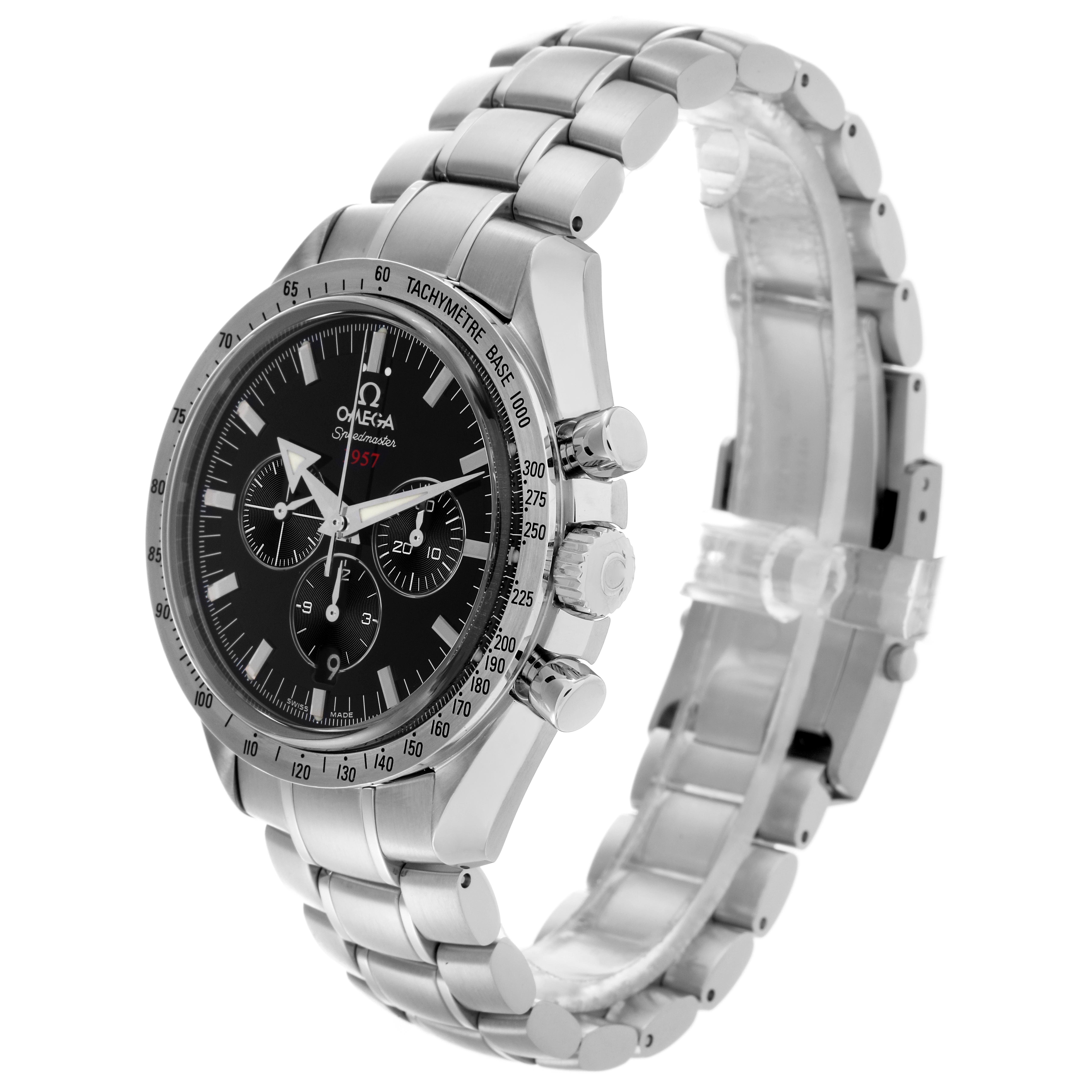 The Omega Speedmaster 321.10.42.50.01.001 Men's Stainless Steel Black Dial 321.10.42.50.01.001 Men's Stainless Steel Black Dial watch is shown at a three-quarter angle, displaying the face, bezel, crown, pushers, and bracelet.