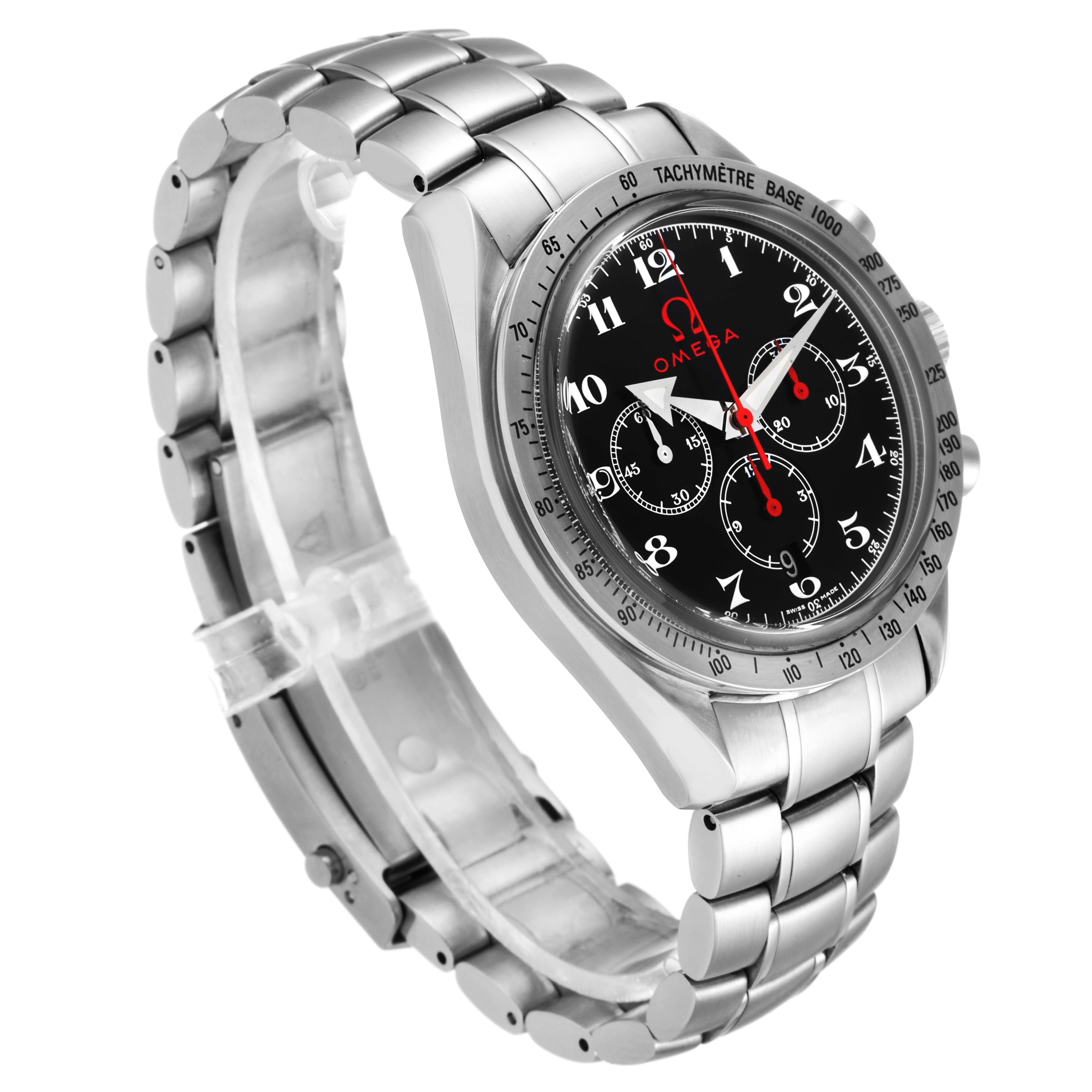 This image shows a three-quarter view of an Omega Speedmaster 3558.50.00 Men
s Stainless Steel Black Dial 3558.50.00 Men
s Stainless Steel Black Dial watch with a metal bracelet and black dial with chronograph functions.