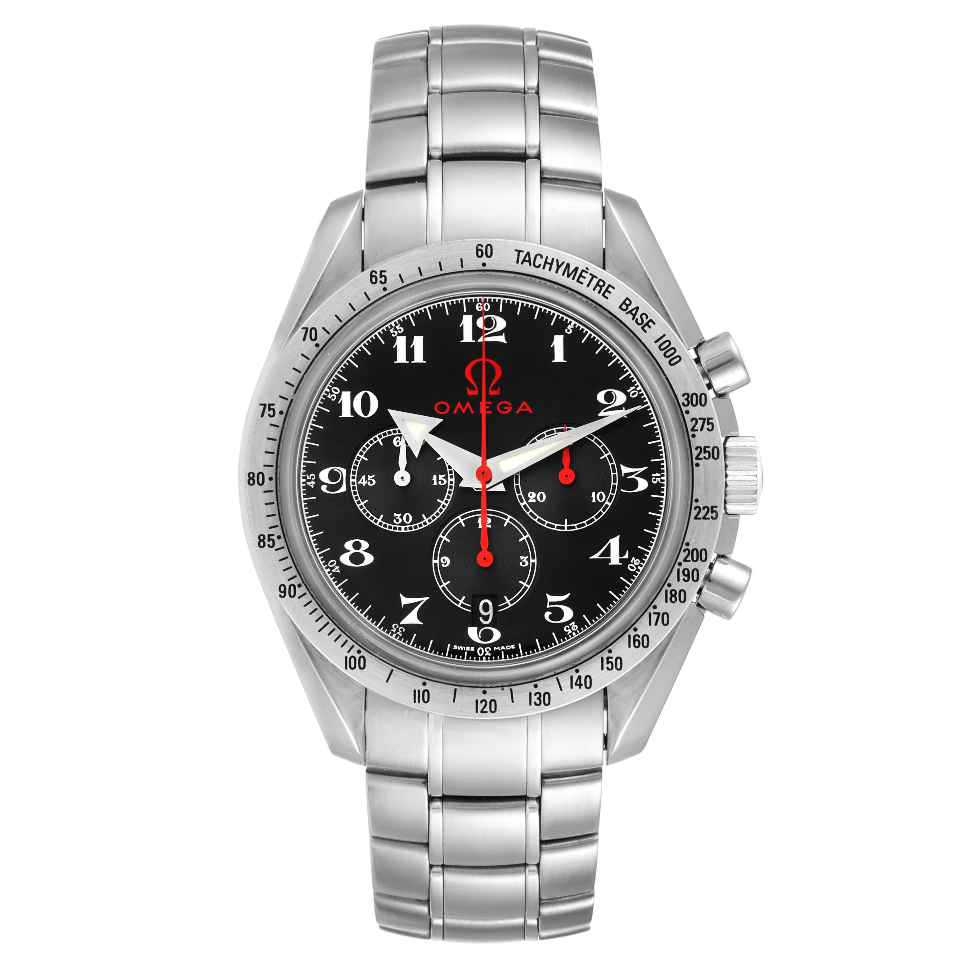 The image shows a front view of the Omega Speedmaster 3558.50.00 Men
s Stainless Steel Black Dial 3558.50.00 Men
s Stainless Steel Black Dial watch, showcasing its dial, bezel, and bracelet.