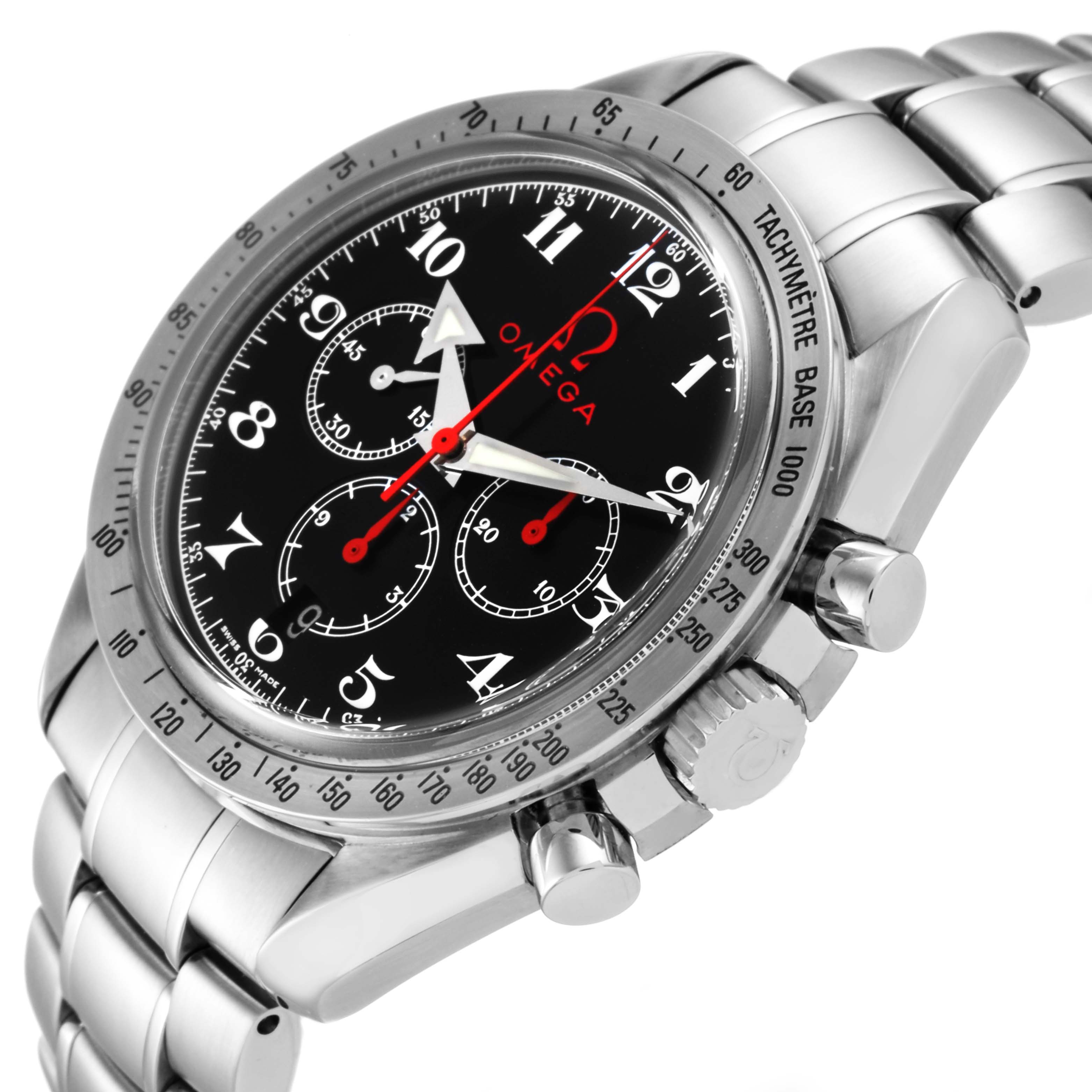 This image shows a close-up, side angle of the Omega Speedmaster 3558.50.00 Men
s Stainless Steel Black Dial 3558.50.00 Men
s Stainless Steel Black Dial watch, displaying the dial, bezel, crown, pushers, and bracelet.