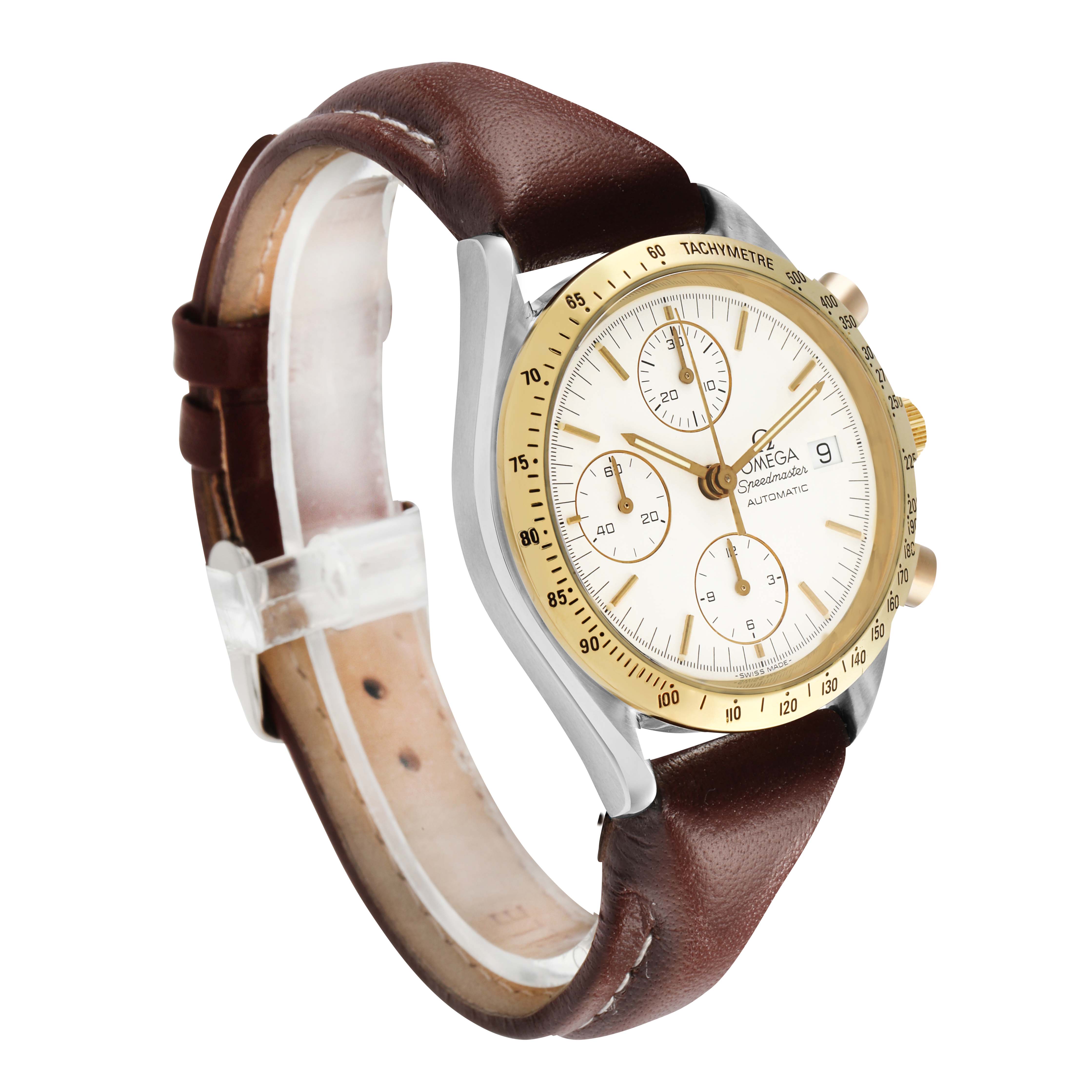 The Omega Speedmaster 175.0043 Men's Steel and Gold (two tone) White Dial watch is shown at a three-quarter angle, highlighting the dial, bezel, and brown leather strap.