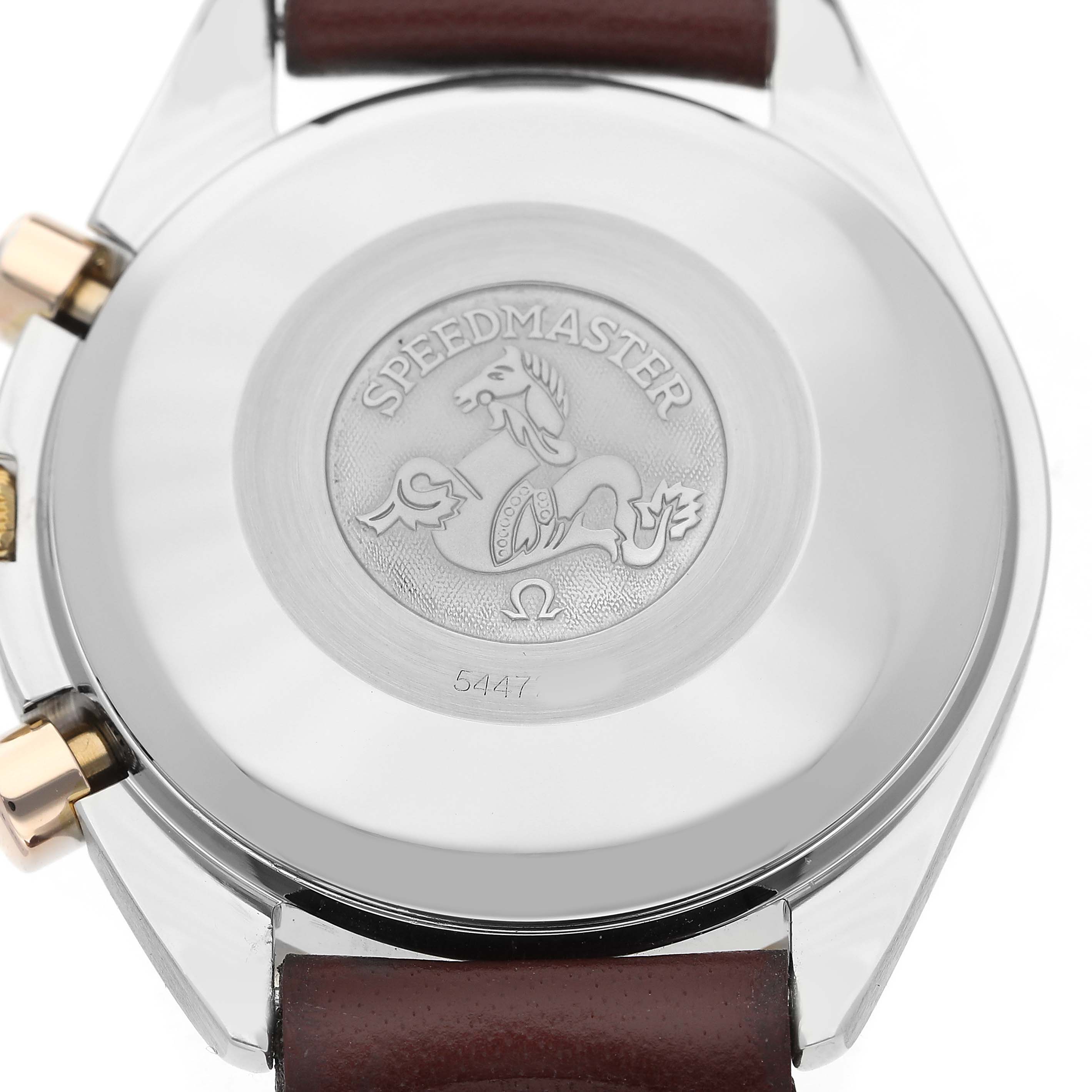 The image shows the engraved case back of an Omega Speedmaster 175.0043 Men's Steel and Gold (two tone) White Dial watch, viewed from the rear.