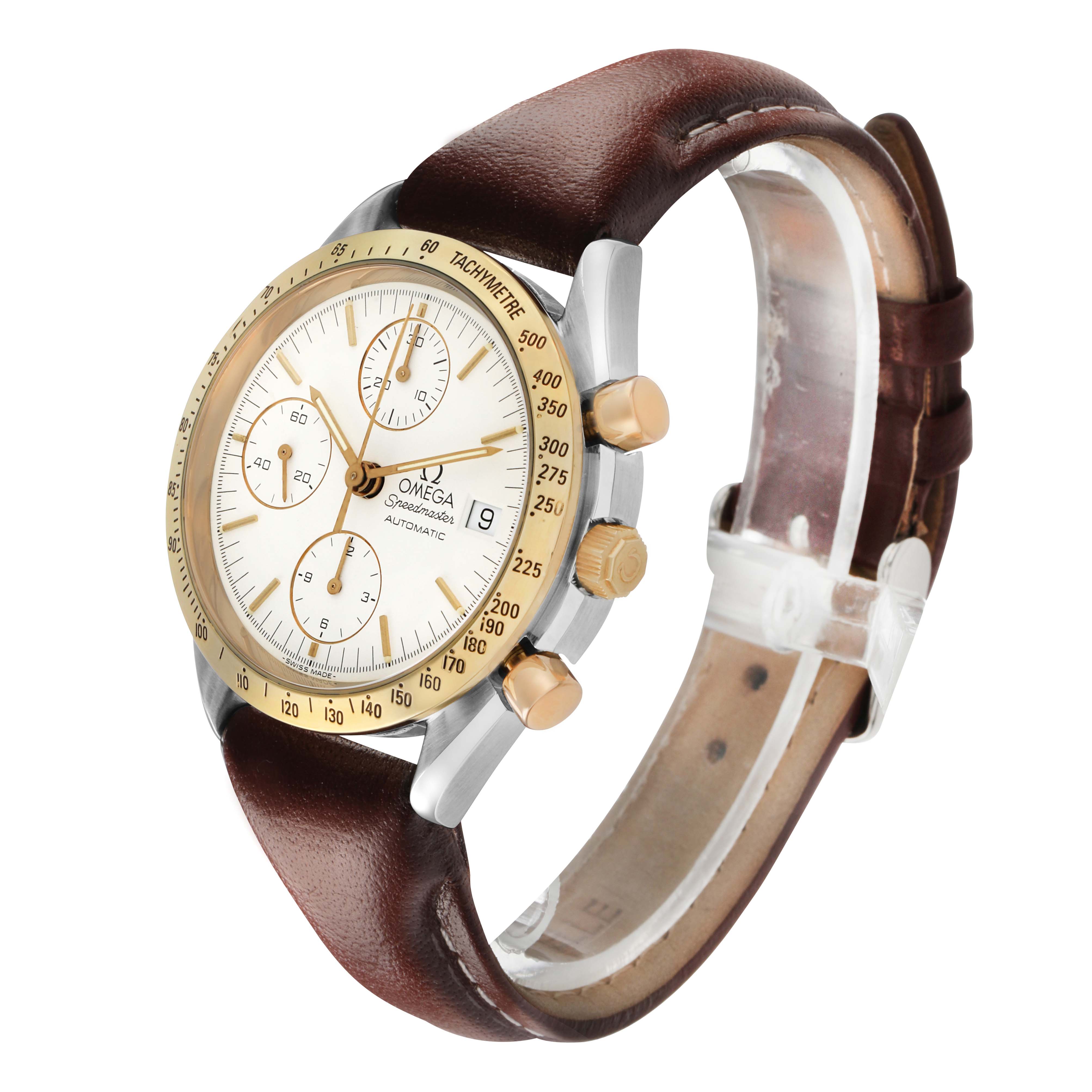 The Omega Speedmaster 175.0043 Men's Steel and Gold (two tone) White Dial watch is shown at a three-quarter angle, displaying its face, bezel, crown, and brown leather strap.