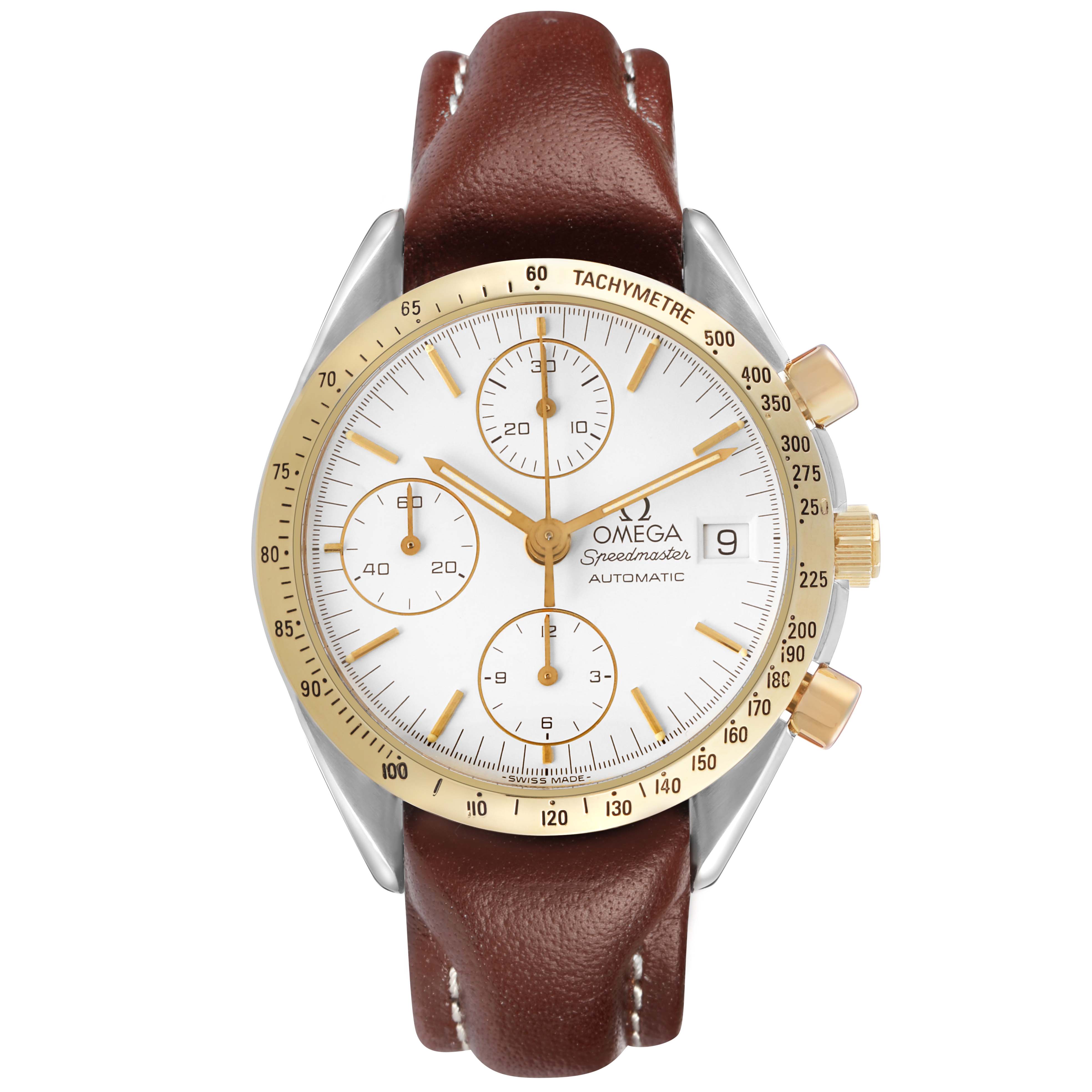 The Omega Speedmaster 175.0043 Men's Steel and Gold (two tone) White Dial watch is shown from the front, highlighting the dial, subdials, bezel, crown, and leather strap.