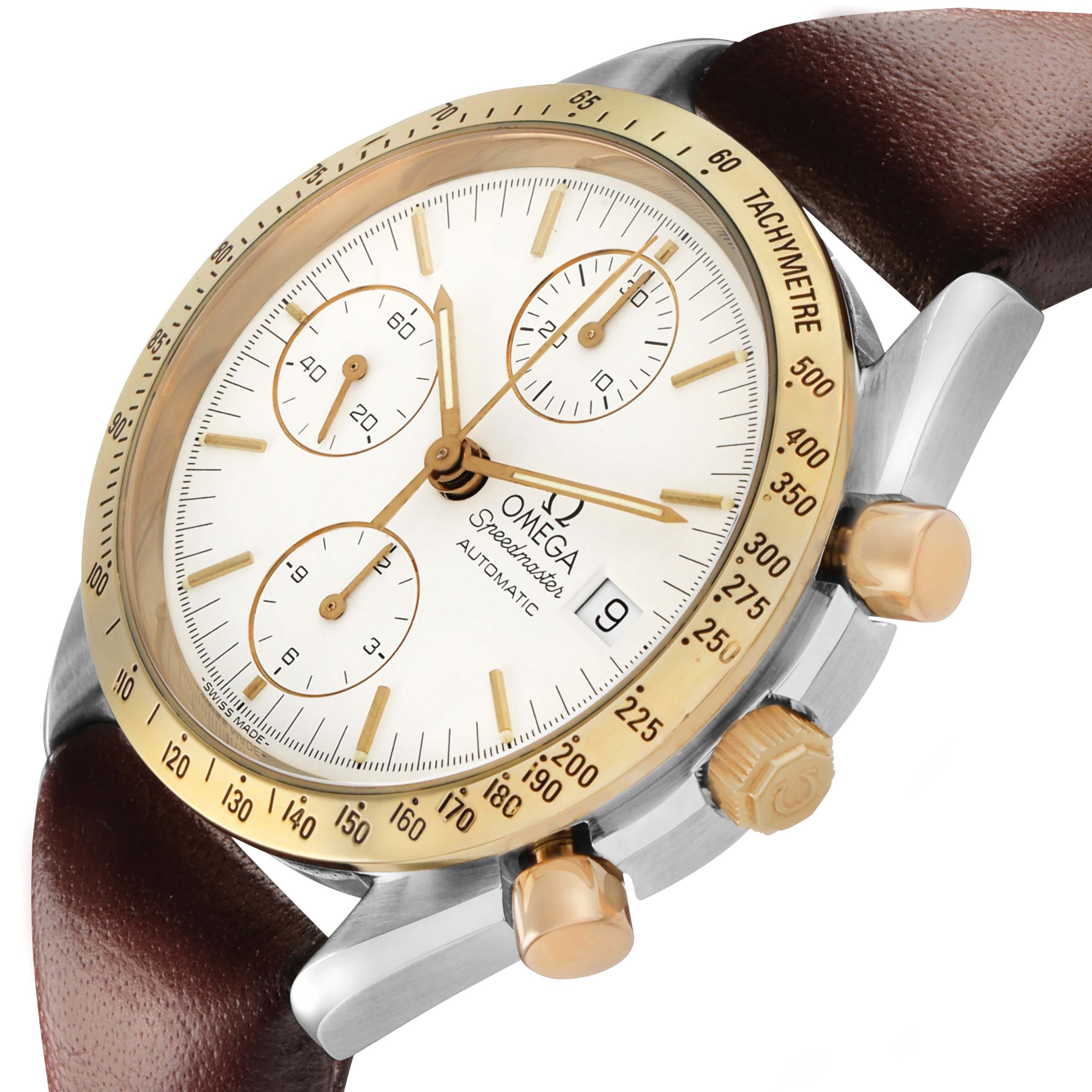 The Omega Speedmaster 175.0043 Men's Steel and Gold (two tone) White Dial watch is shown from an angled front view, highlighting the face, bezel, crown, and pushers.