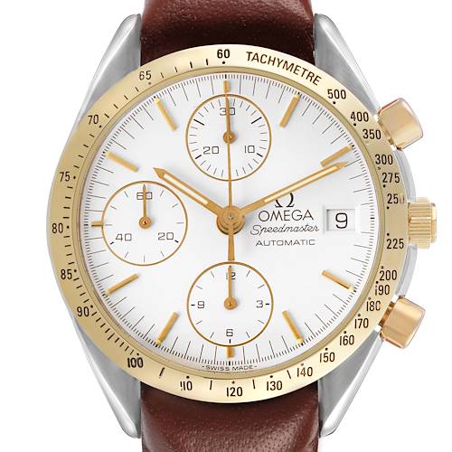 The Omega Speedmaster 175.0043 Men's Steel and Gold (two tone) White Dial watch is shown from the front, displaying the dial, sub-dials, tachymeter bezel, and brown leather strap.