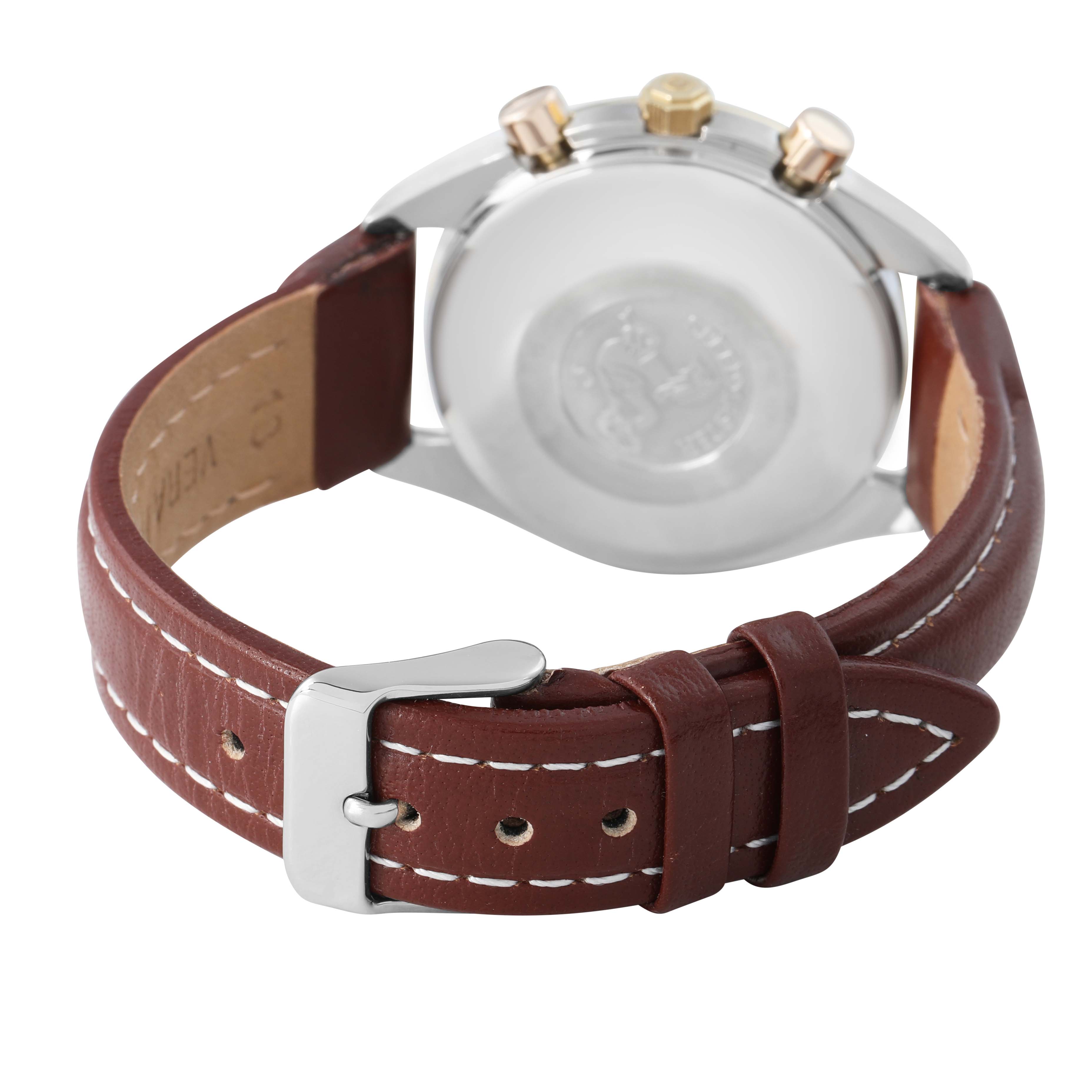 The Omega Speedmaster 175.0043 Men's Steel and Gold (two tone) White Dial watch is shown from the rear, highlighting the case back, leather strap, and buckle.