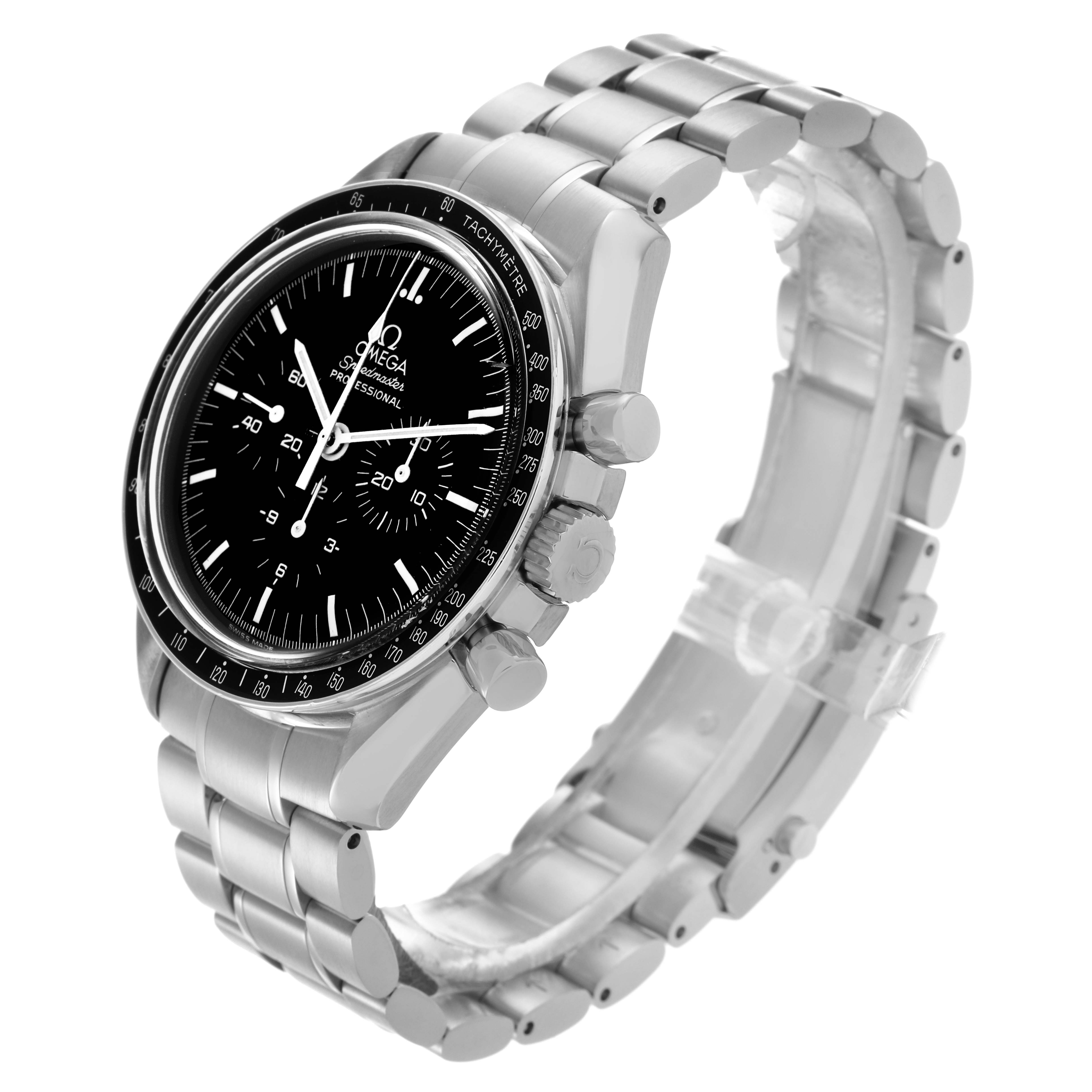 The Omega Speedmaster 3570.50.00 Men's Stainless Steel Black Dial 3570.50.00 Men's Stainless Steel Black Dial watch is shown at a three-quarter angle, highlighting the face, crown, pushers, and metal bracelet.
