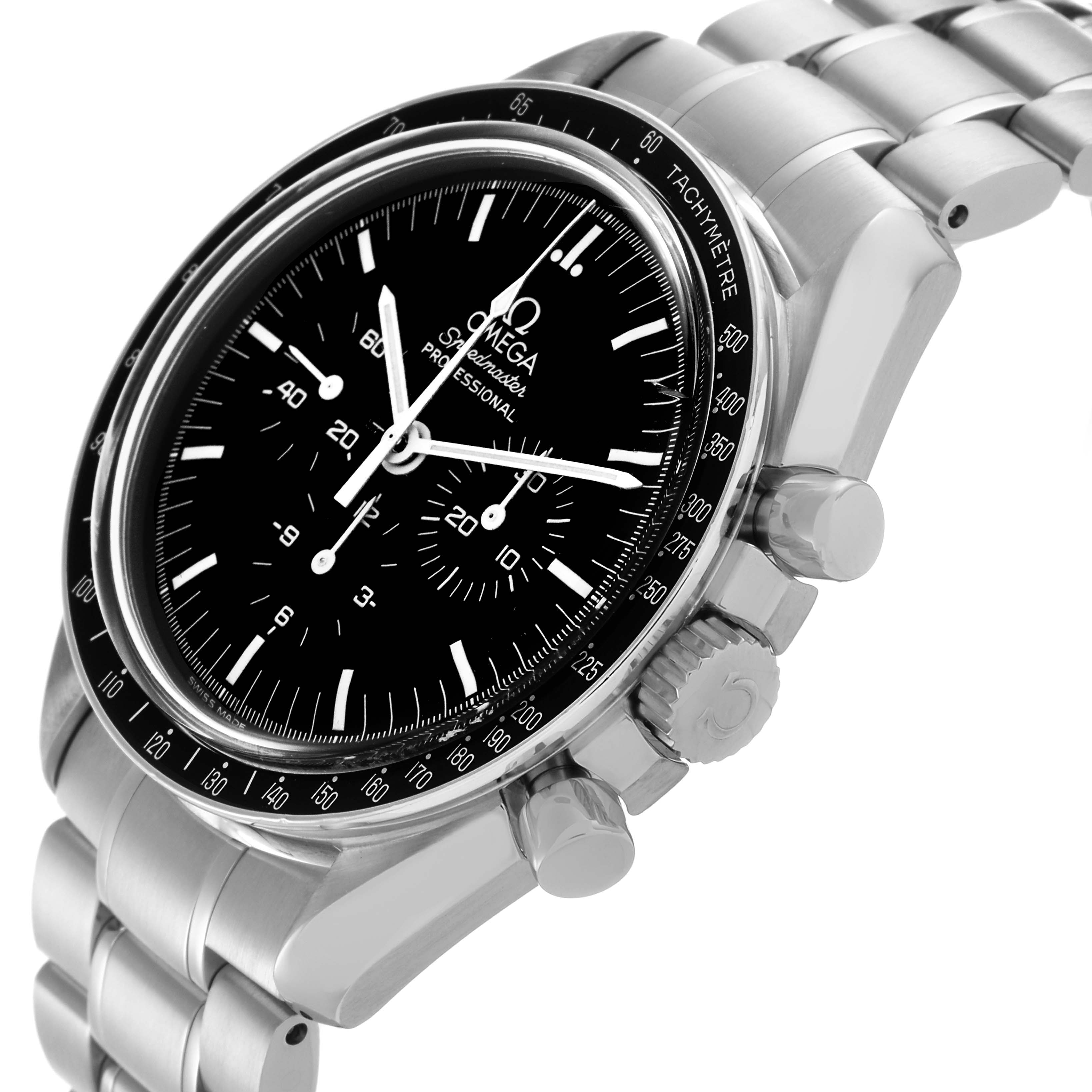 The Omega Speedmaster 3570.50.00 Men's Stainless Steel Black Dial 3570.50.00 Men's Stainless Steel Black Dial watch is shown at a tilted angle, displaying its dial, bezel, crown, and part of the bracelet.