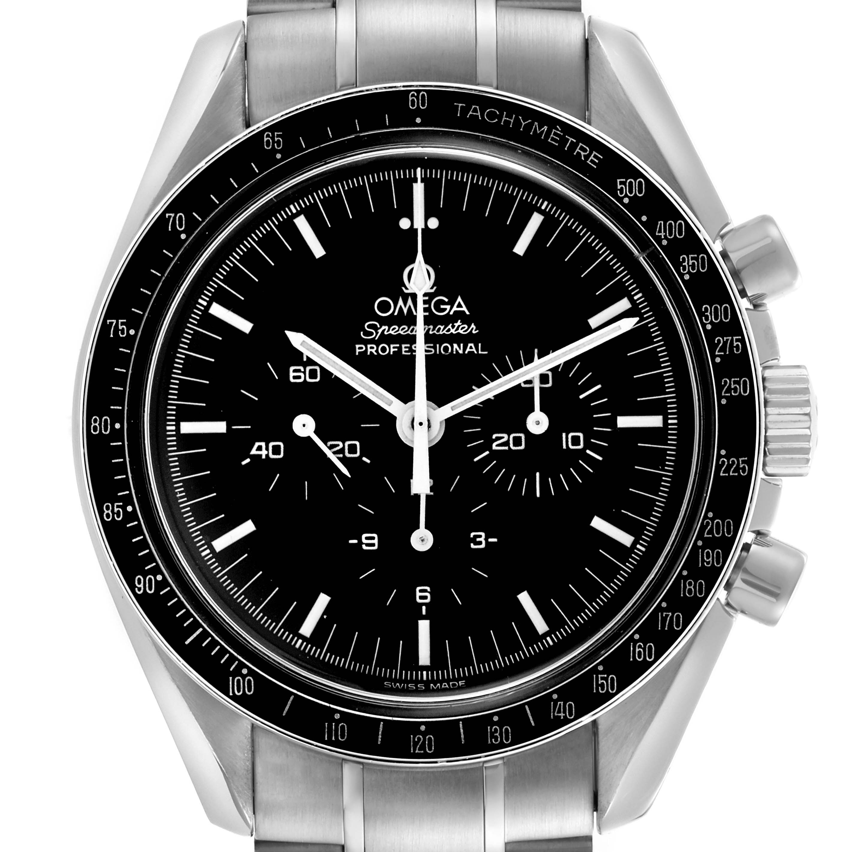 The Omega Speedmaster 3570.50.00 Men's Stainless Steel Black Dial 3570.50.00 Men's Stainless Steel Black Dial is shown from a front angle, highlighting its dial, bezel, and pushers.