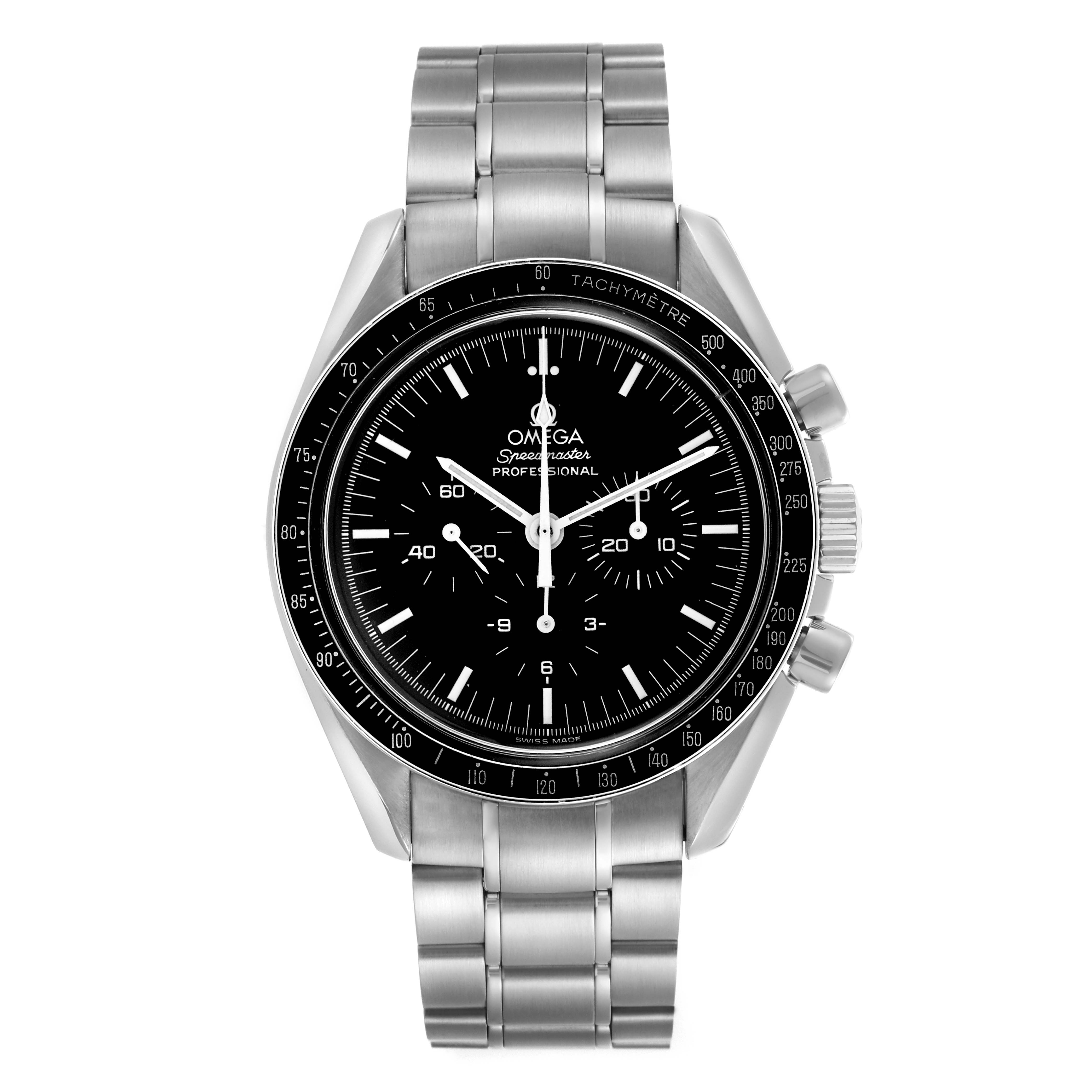 The Omega Speedmaster 3570.50.00 Men's Stainless Steel Black Dial 3570.50.00 Men's Stainless Steel Black Dial watch is shown from a front angle, highlighting the dial, bezel, pushers, and bracelet.