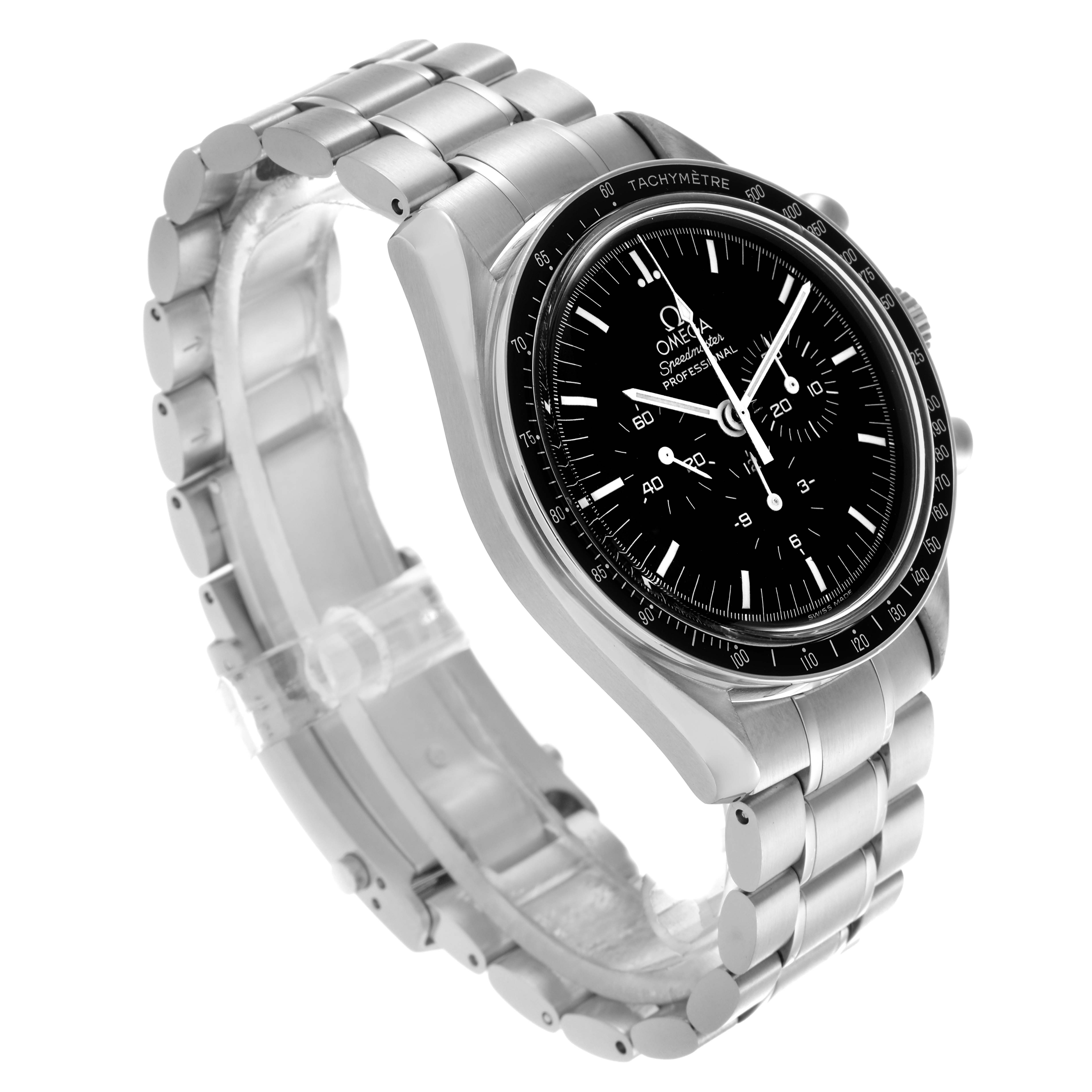 The Omega Speedmaster 3570.50.00 Men's Stainless Steel Black Dial 3570.50.00 Men's Stainless Steel Black Dial is shown at a slight angle, displaying the full face and metal bracelet.