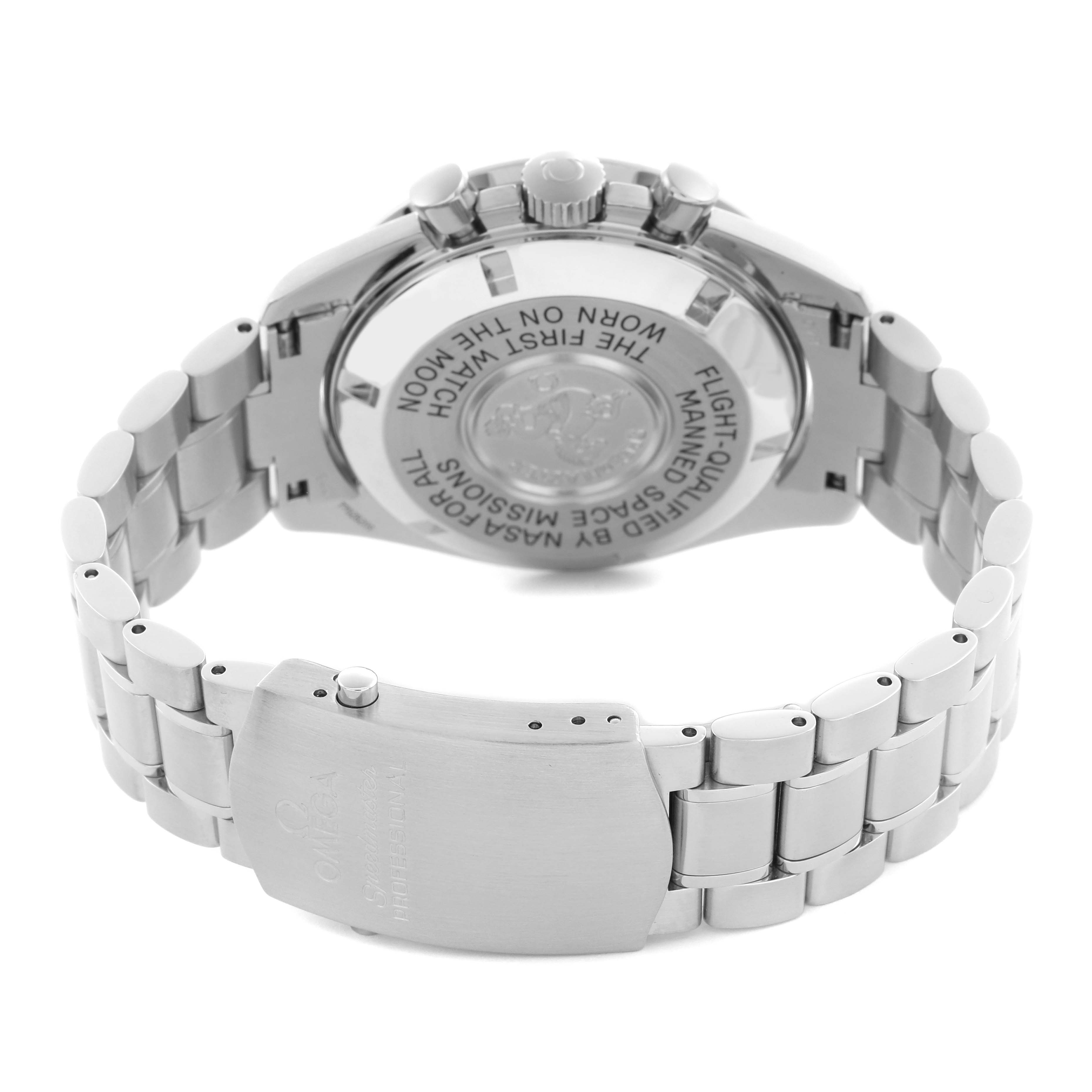 The image shows the back and clasp of an Omega Speedmaster 3570.50.00 Men's Stainless Steel Black Dial 3570.50.00 Men's Stainless Steel Black Dial watch, highlighting the engraved case back and stainless steel bracelet.