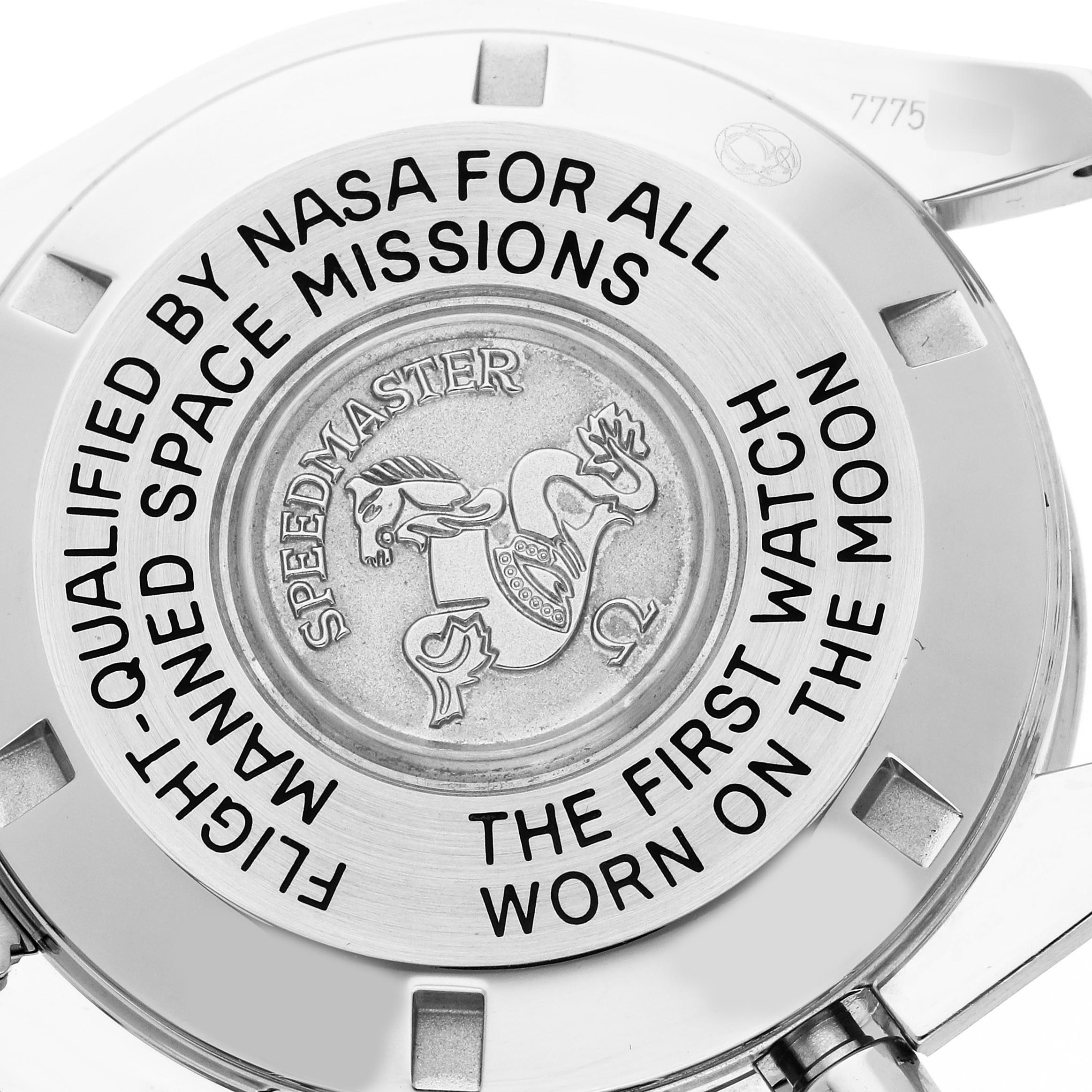 The image shows the case back of an Omega Speedmaster 3570.50.00 Men's Stainless Steel Black Dial 3570.50.00 Men's Stainless Steel Black Dial watch, highlighting engravings and the iconic emblem.