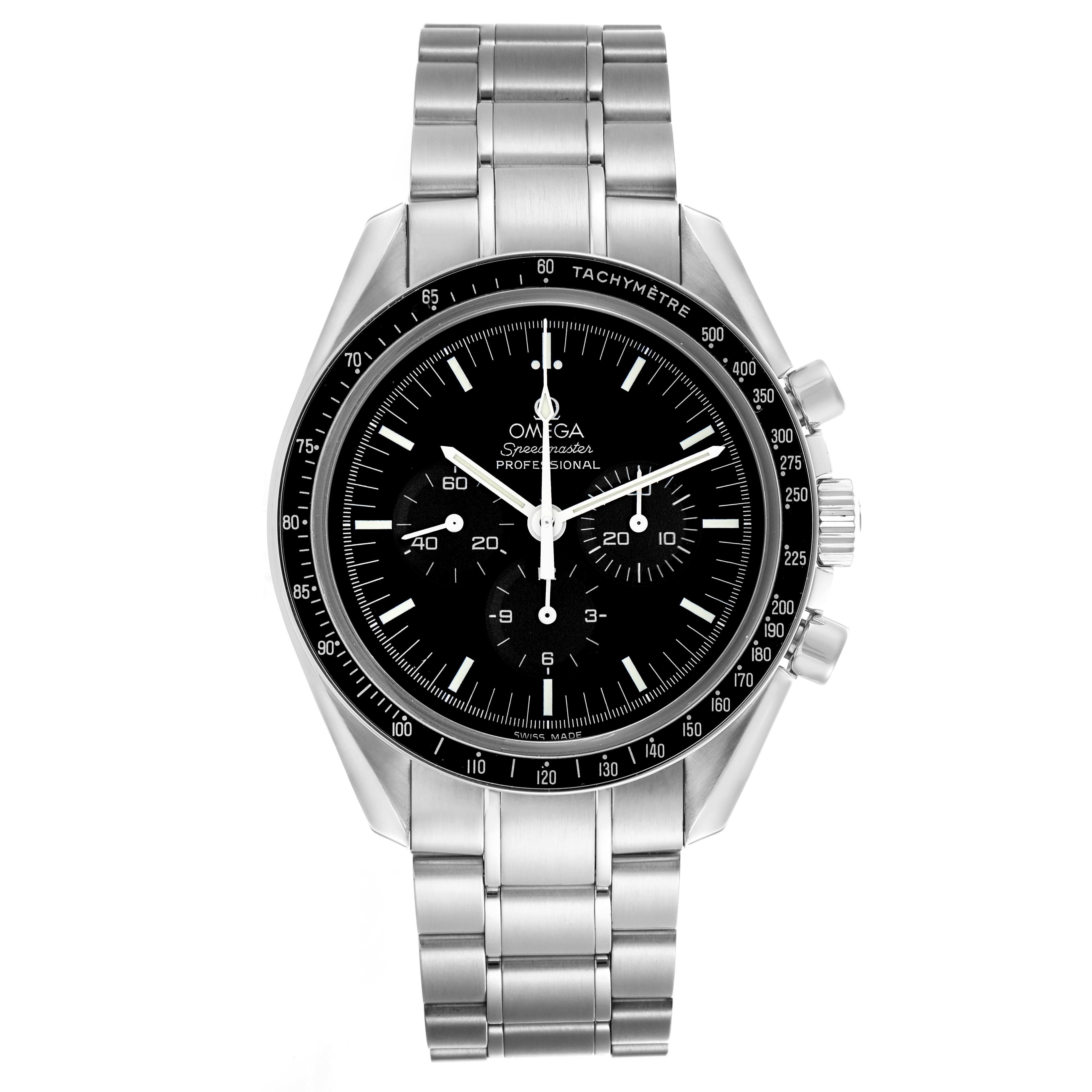 The Omega Speedmaster 3570.50.00 Men's Stainless Steel Black Dial 3570.50.00 Men's Stainless Steel Black Dial is shown from the front, displaying the face, tachymeter bezel, and stainless steel bracelet.