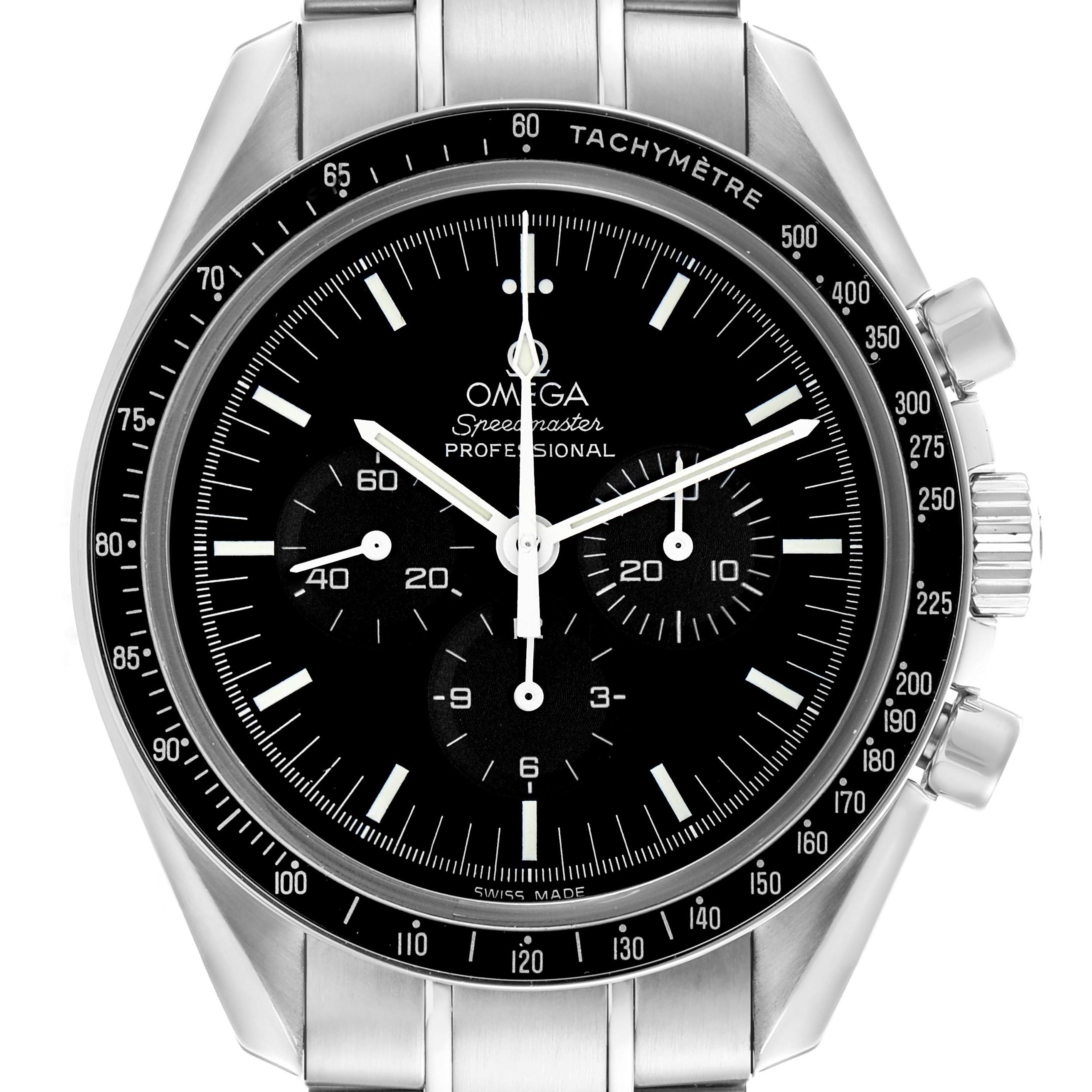 The Omega Speedmaster 3570.50.00 Men's Stainless Steel Black Dial 3570.50.00 Men's Stainless Steel Black Dial watch is shown from a front angle, displaying its dial, tachymeter bezel, and metal bracelet.