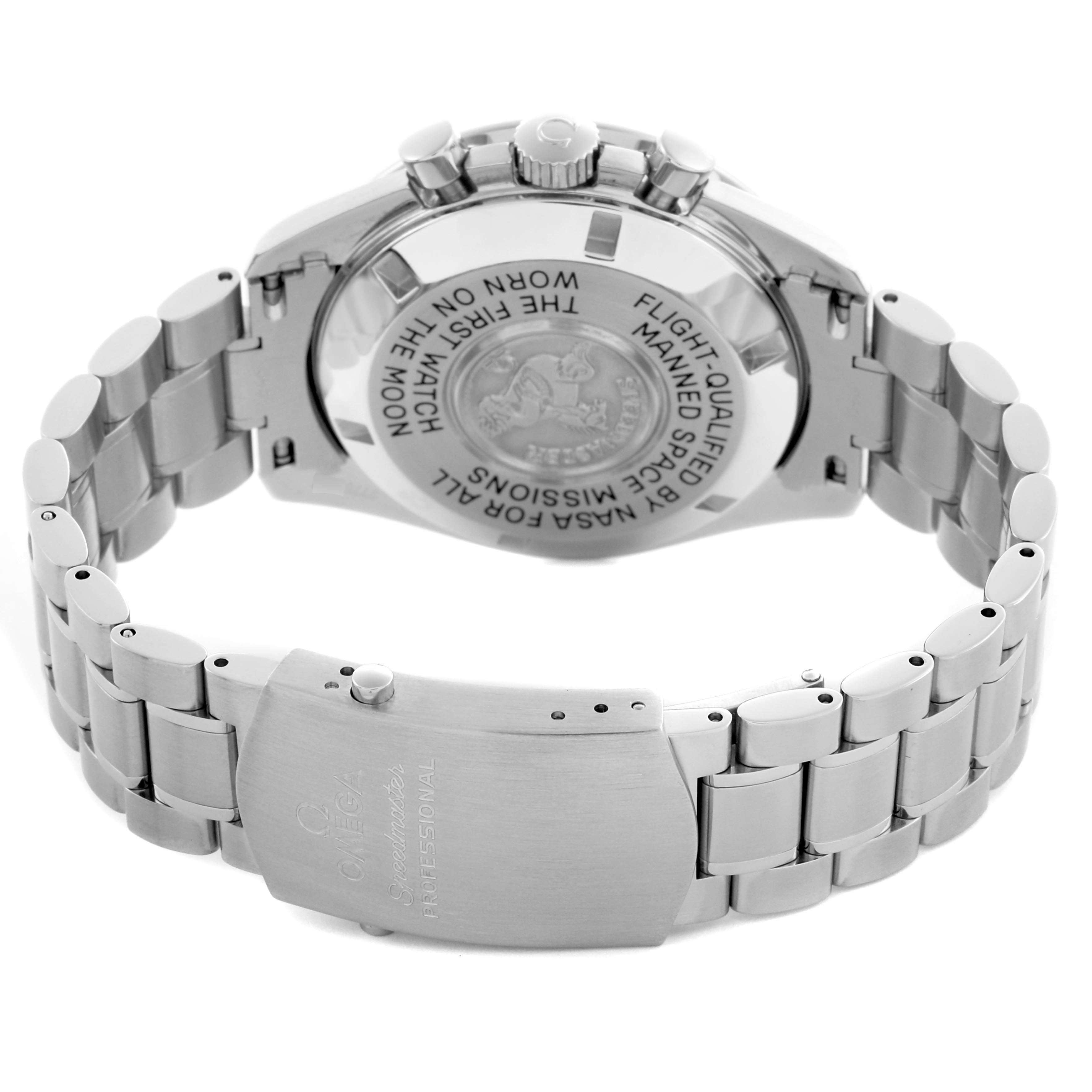 The image shows the Omega Speedmaster 3570.50.00 Men's Stainless Steel Black Dial 3570.50.00 Men's Stainless Steel Black Dial's case back and stainless steel bracelet clasp at an angled view.