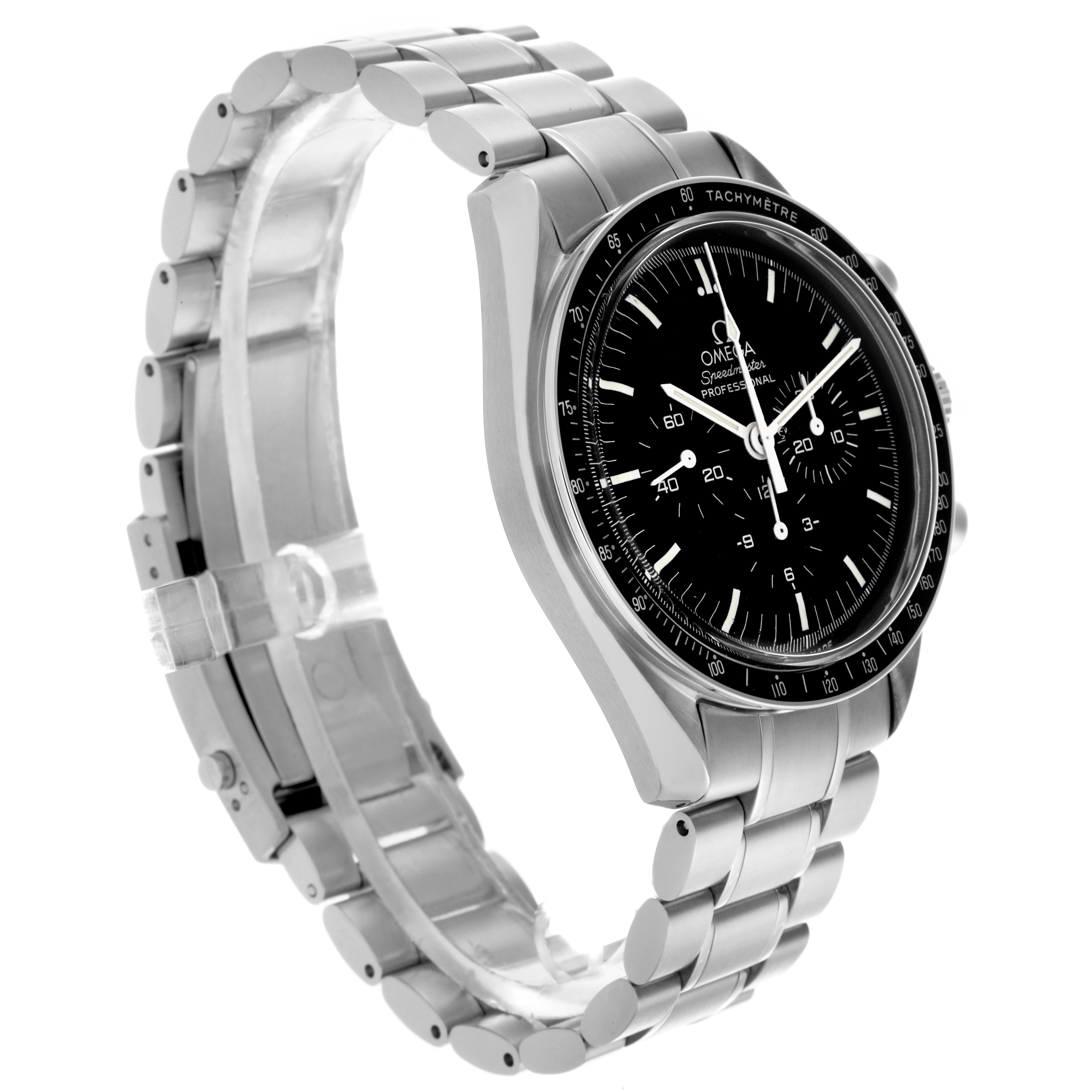 The Omega Speedmaster 3570.50.00 Men's Stainless Steel Black Dial 3570.50.00 Men's Stainless Steel Black Dial watch is shown at a three-quarter angle, highlighting the face, bezel, and bracelet.