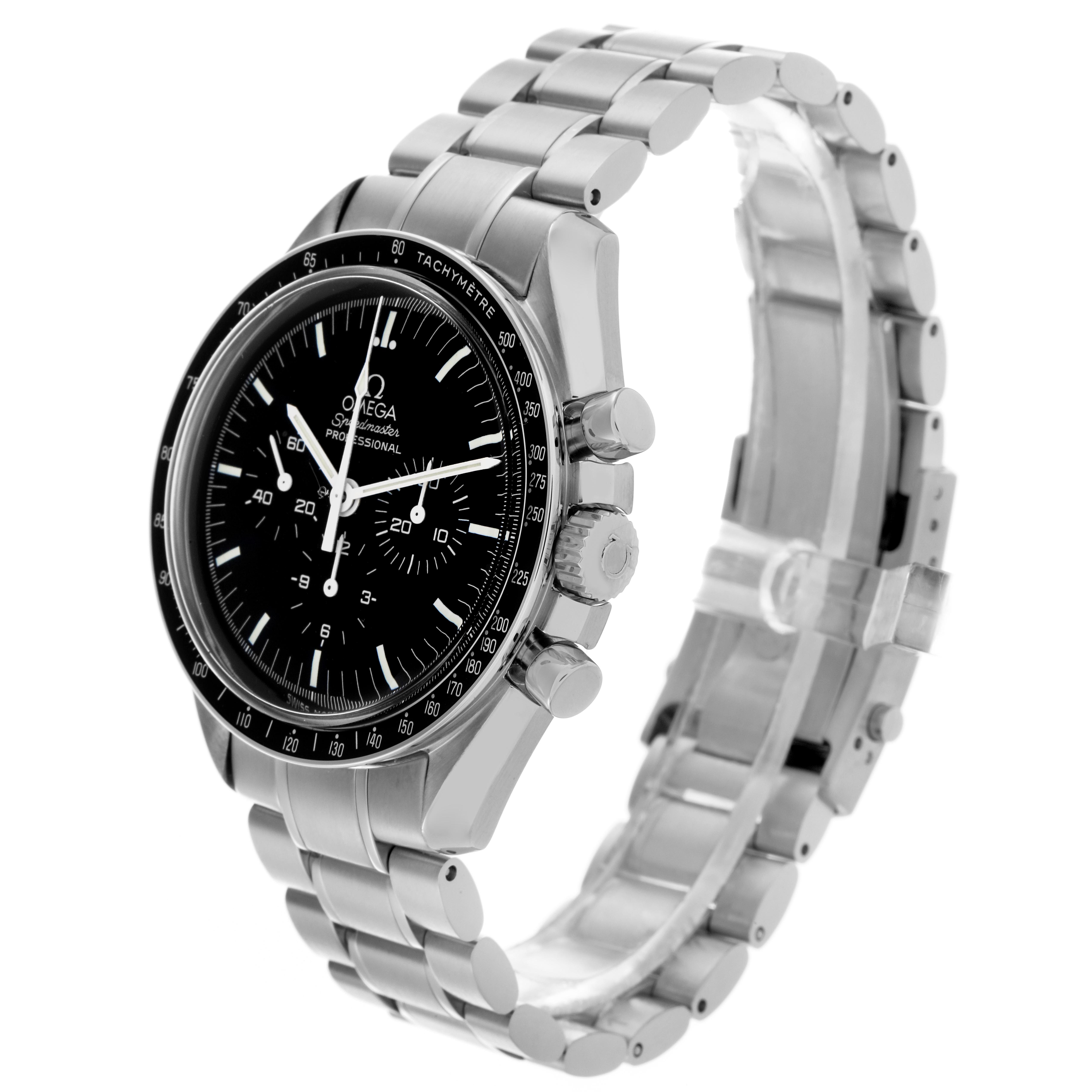The Omega Speedmaster 3570.50.00 Men's Stainless Steel Black Dial 3570.50.00 Men's Stainless Steel Black Dial watch is shown at a three-quarter angle, highlighting the face, bezel, crown, and bracelet.