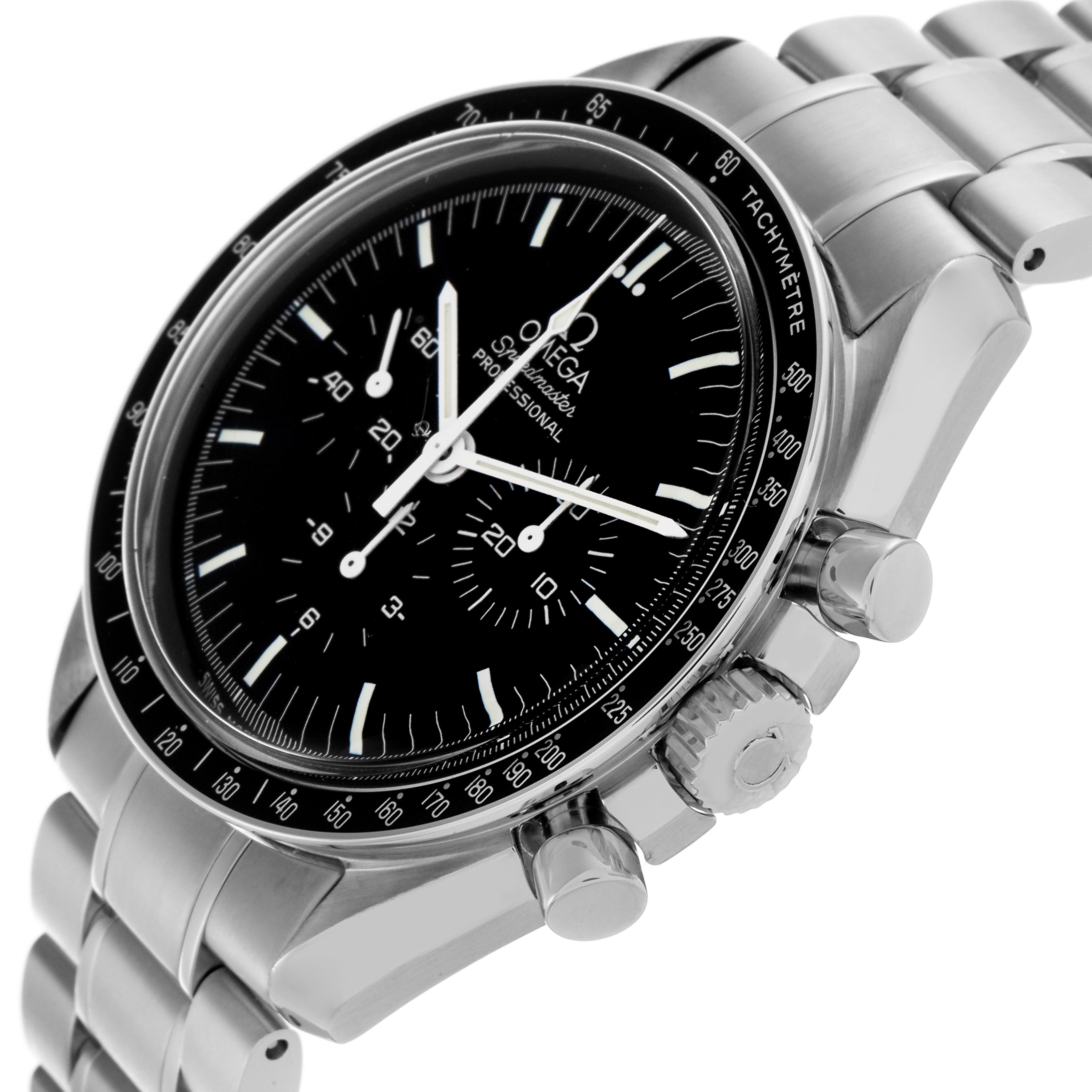 The Omega Speedmaster 3570.50.00 Men's Stainless Steel Black Dial 3570.50.00 Men's Stainless Steel Black Dial watch is shown at a slight side angle, highlighting the face, tachymeter bezel, and bracelet.