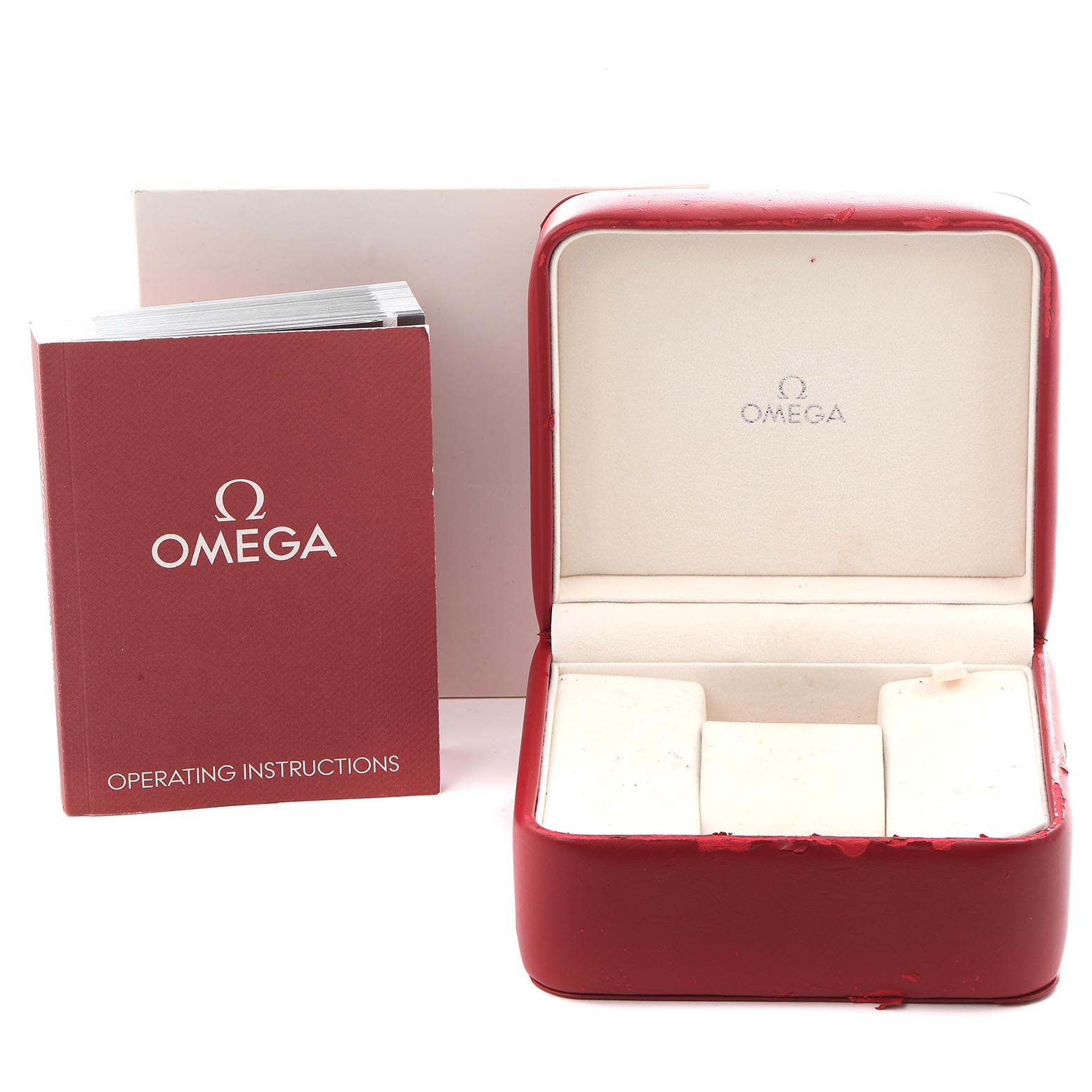 The image shows an Omega Speedmaster 3570.50.00 Men's Stainless Steel Black Dial 3570.50.00 Men's Stainless Steel Black Dial's box and operating instructions from the front angle.