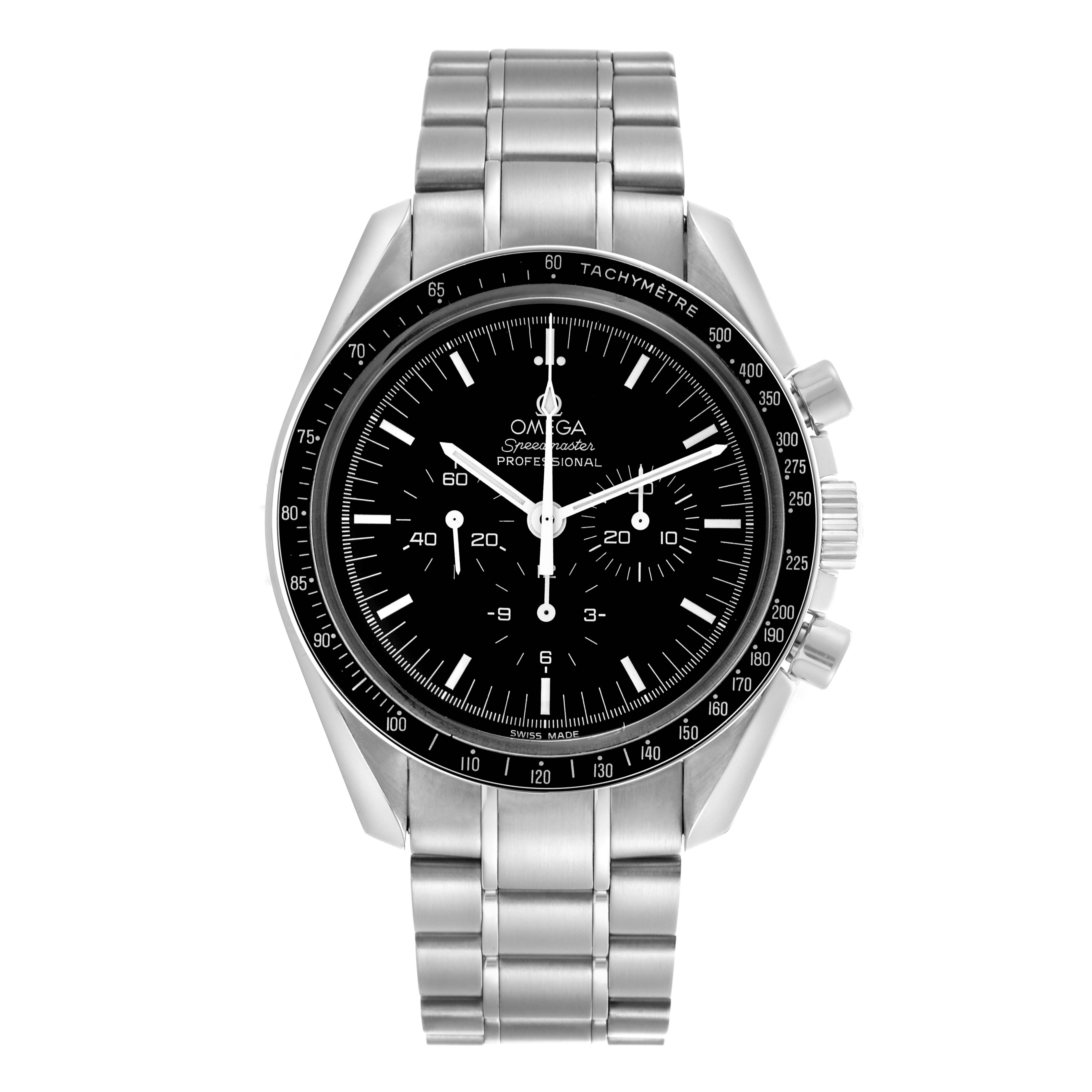 The Omega Speedmaster 3570.50.00 Men
s Stainless Steel Black Dial 3570.50.00 Men
s Stainless Steel Black Dial watch is shown from the front, displaying the dial, bezel, bracelet, and side pushers.
