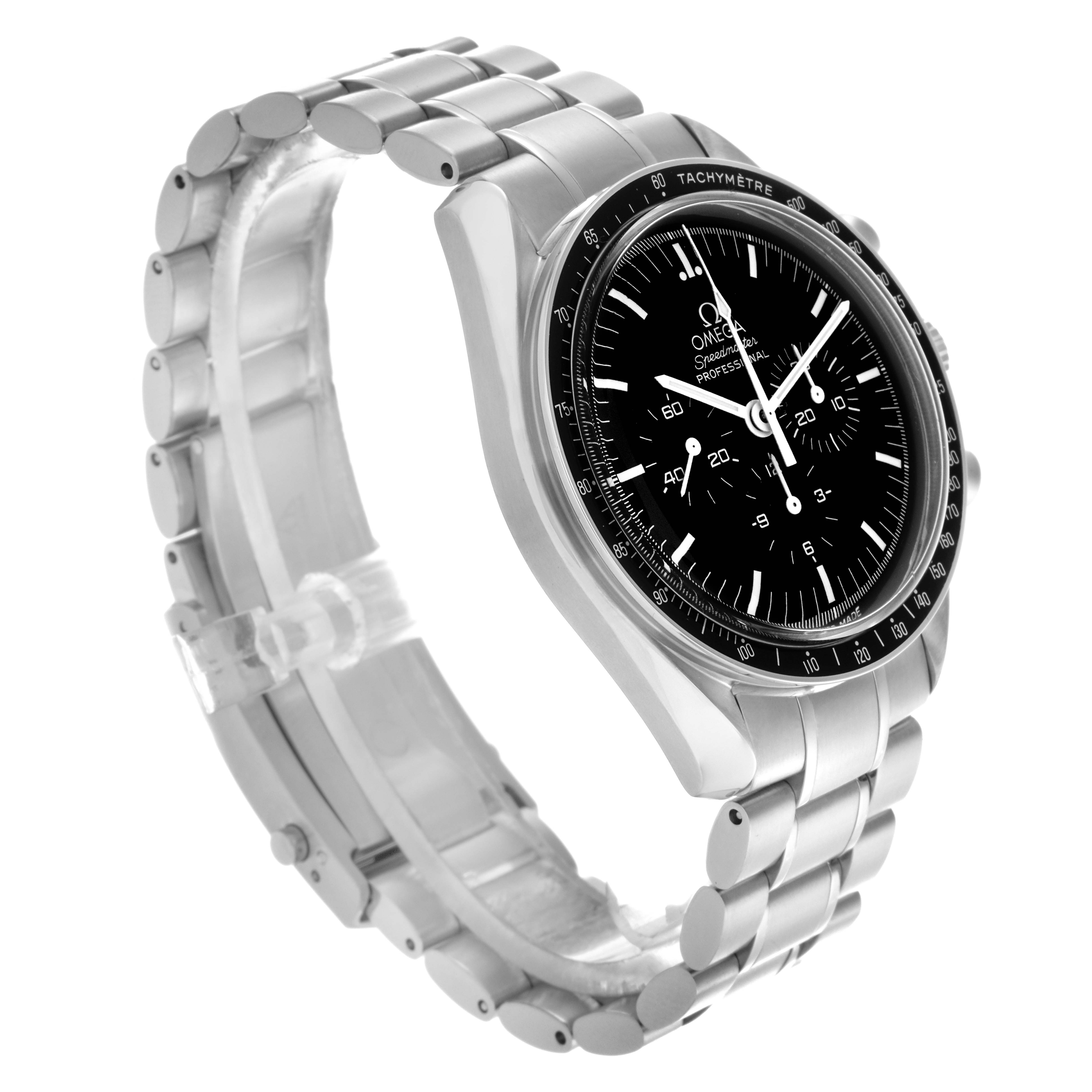 The Omega Speedmaster 3570.50.00 Men
s Stainless Steel Black Dial 3570.50.00 Men
s Stainless Steel Black Dial watch is shown at a three-quarter angle, highlighting the face, bezel, and bracelet.