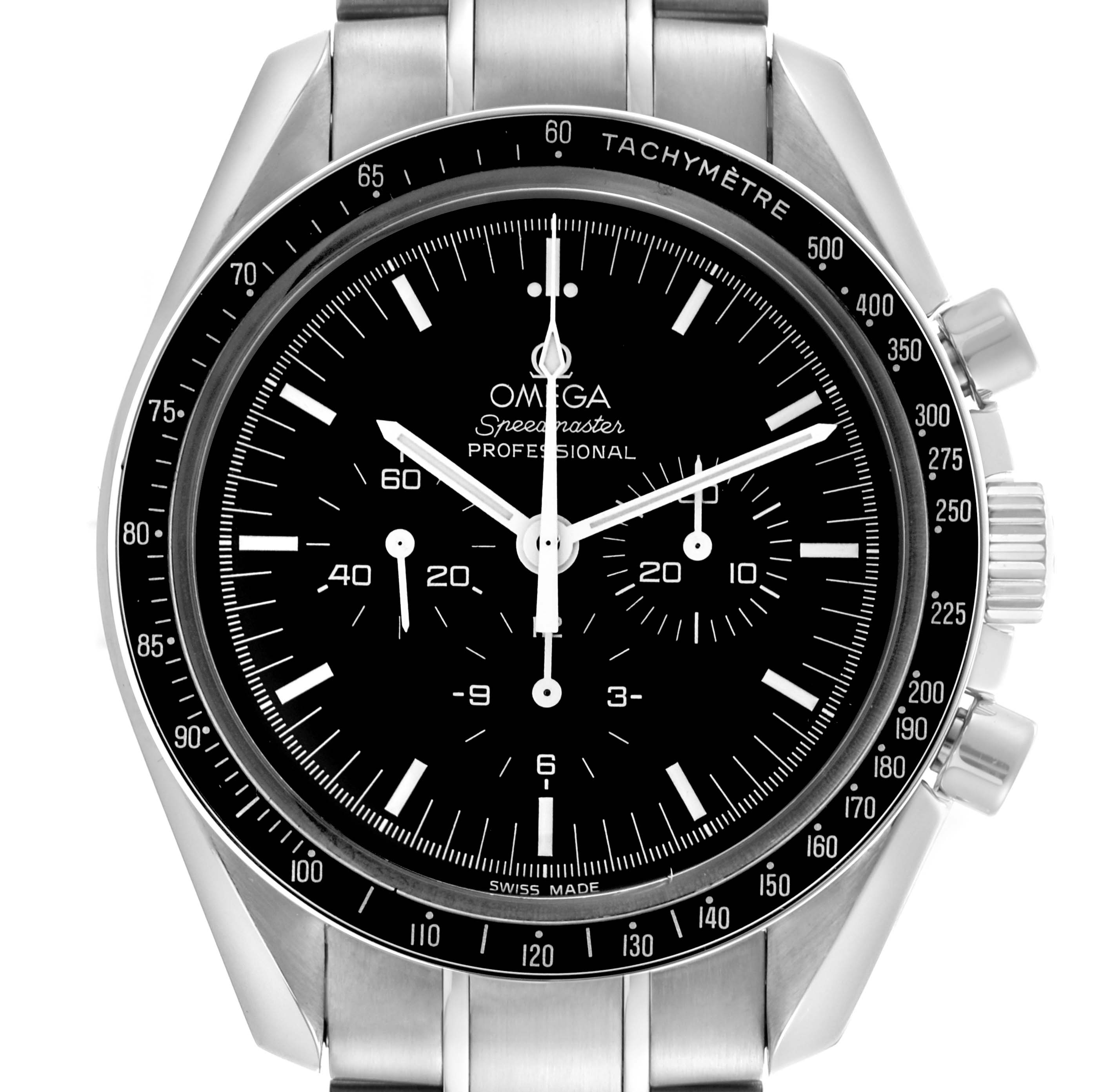 The Omega Speedmaster 3570.50.00 Men
s Stainless Steel Black Dial 3570.50.00 Men
s Stainless Steel Black Dial watch is shown from the front, displaying the dial, tachymeter bezel, and pushers.
