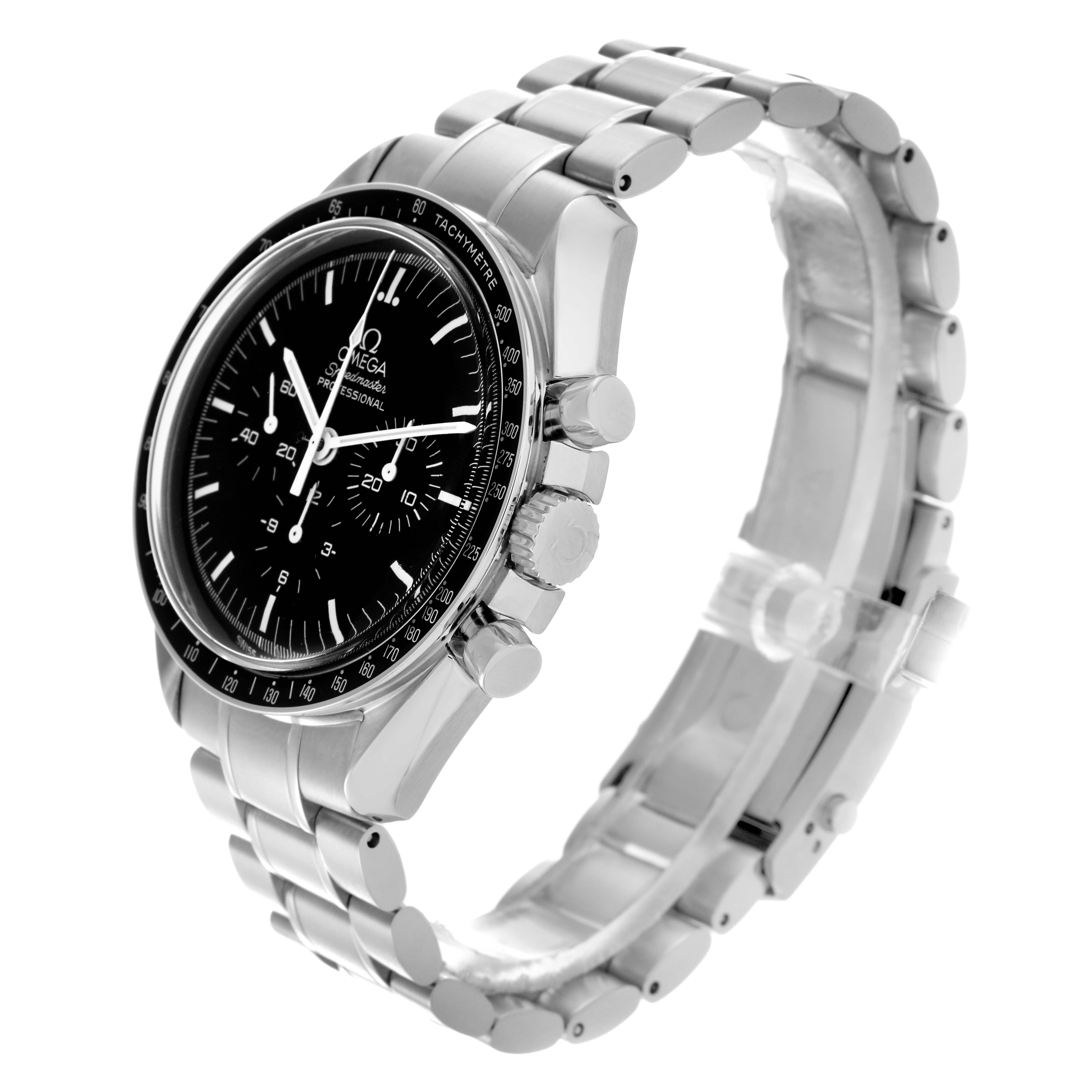 The Omega Speedmaster 3570.50.00 Men
s Stainless Steel Black Dial 3570.50.00 Men
s Stainless Steel Black Dial watch is shown at a three-quarter angle, highlighting the face, bezel, crown, pushers, and bracelet.