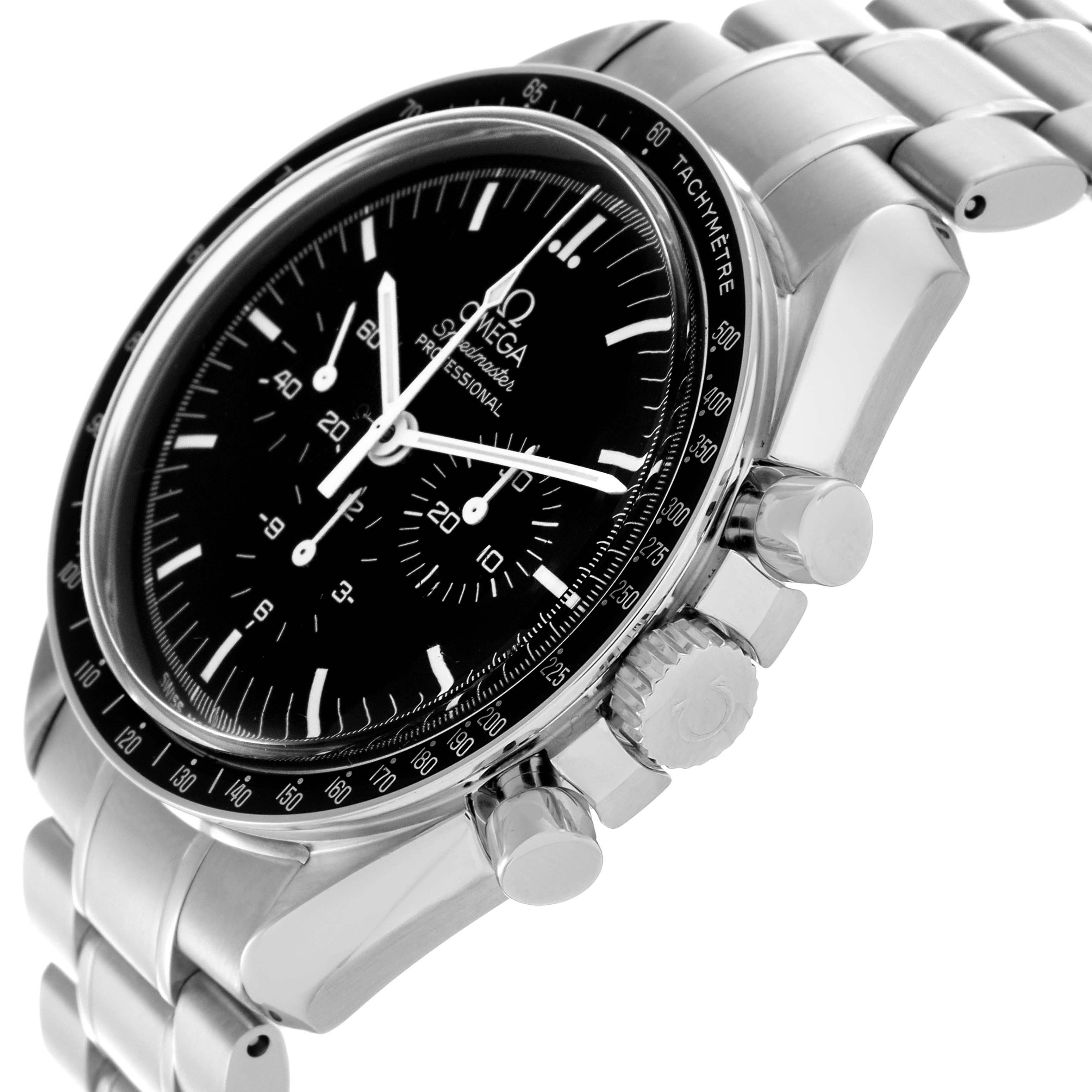 The Omega Speedmaster 3570.50.00 Men
s Stainless Steel Black Dial 3570.50.00 Men
s Stainless Steel Black Dial watch is shown at a side angle, highlighting its black dial, crown, pushers, and metal bracelet.