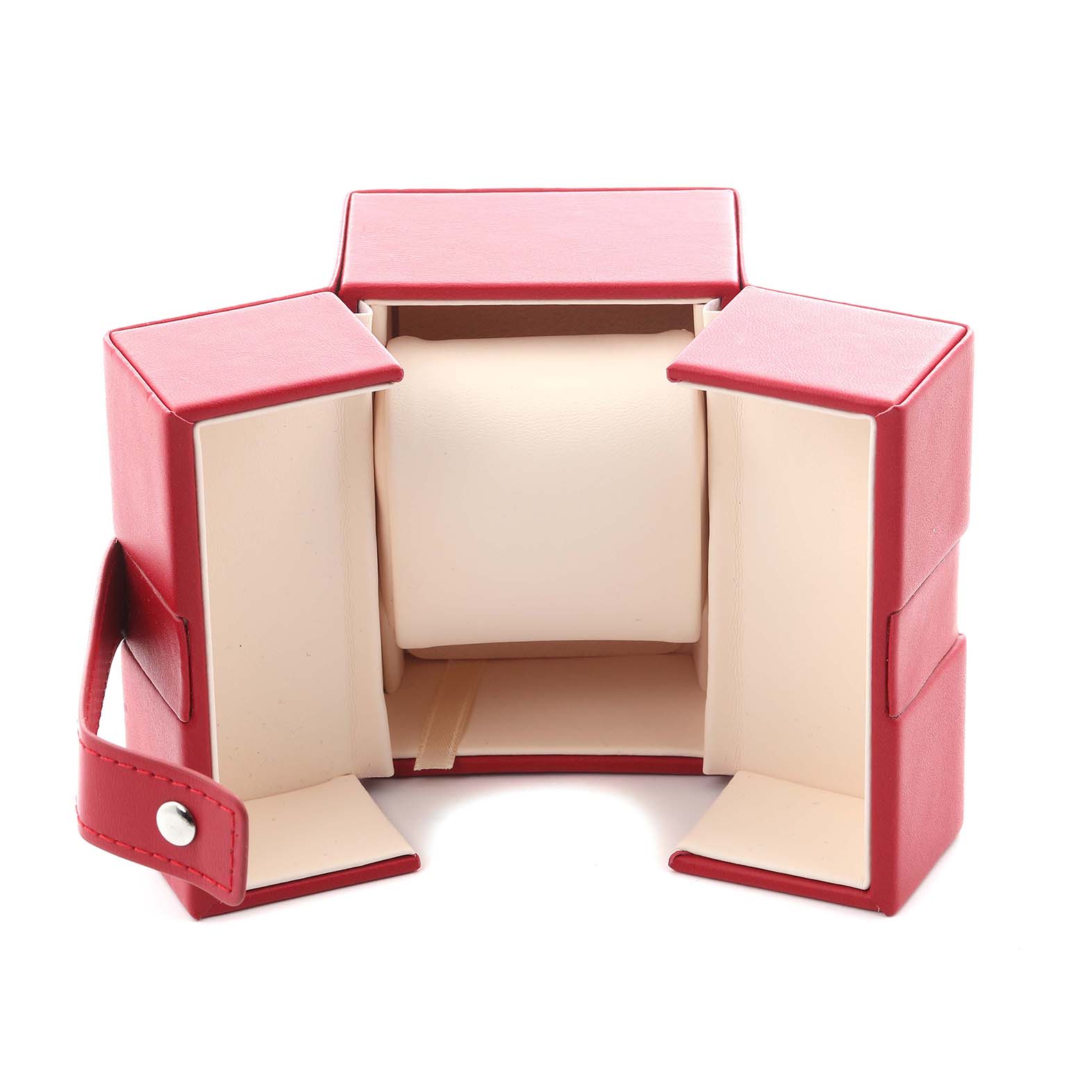 The image shows a red Omega Speedmaster 3570.50.00 Men
s Stainless Steel Black Dial 3570.50.00 Men
s Stainless Steel Black Dial watch case, open to reveal the interior watch cushion.