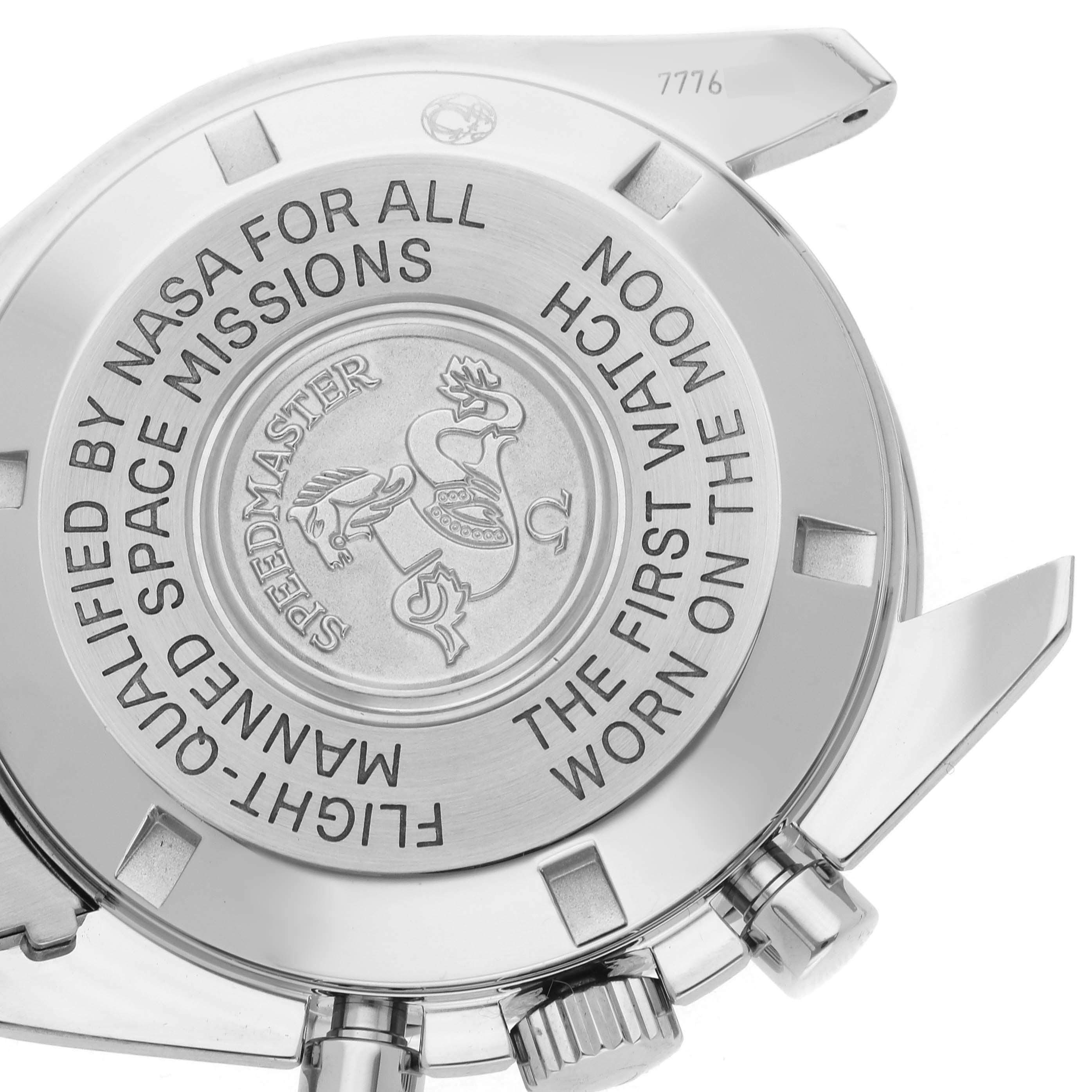 The image shows the back case of an Omega Speedmaster 3570.50.00 Men
s Stainless Steel Black Dial 3570.50.00 Men
s Stainless Steel Black Dial watch engraved with NASA qualifications and mission inscriptions.