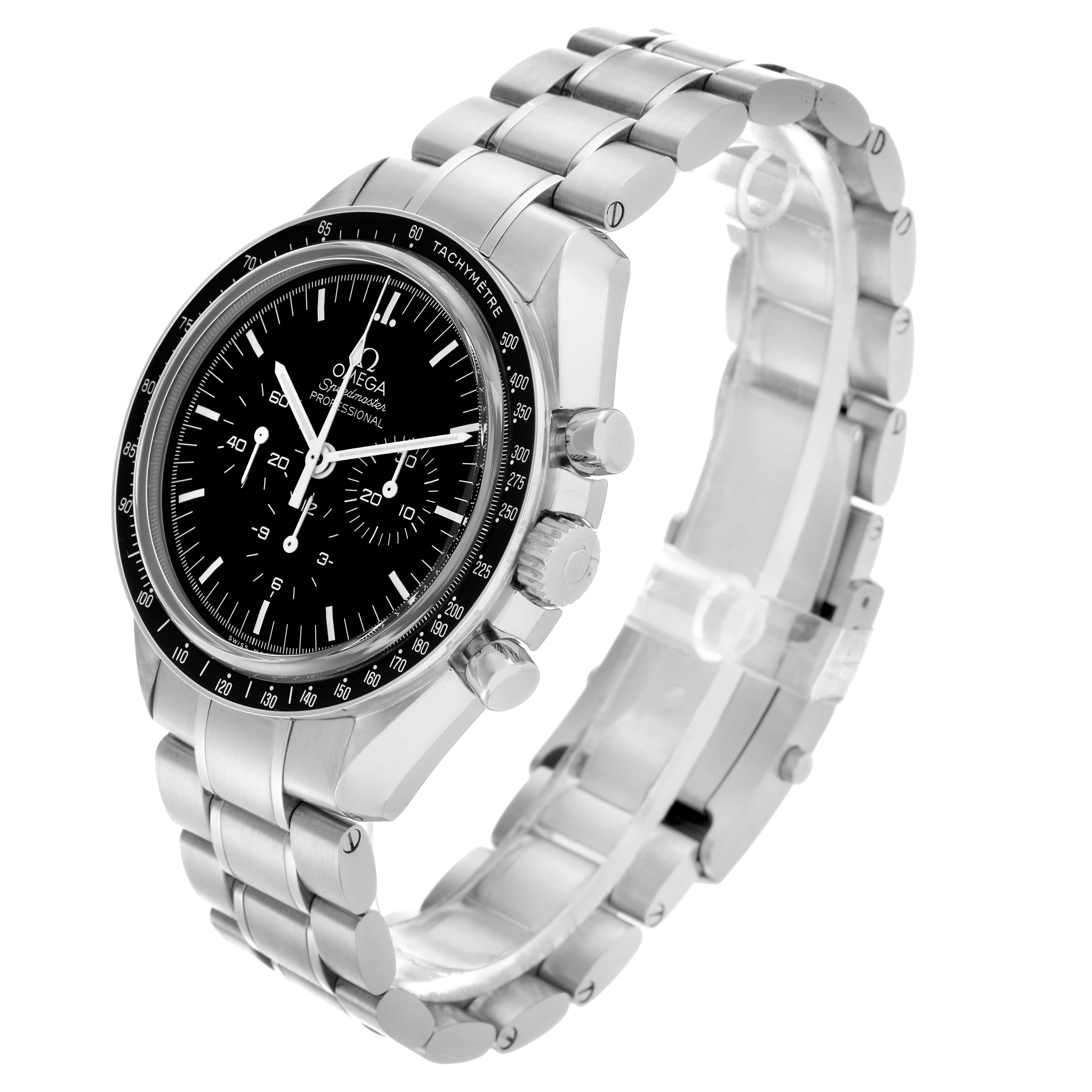 The Omega Speedmaster 311.30.42.30.01.006 Men's Stainless Steel Black Dial 311.30.42.30.01.006 Men's Stainless Steel Black Dial watch is shown at a three-quarter angle, highlighting the face, bezel, crown, pushers, and bracelet.