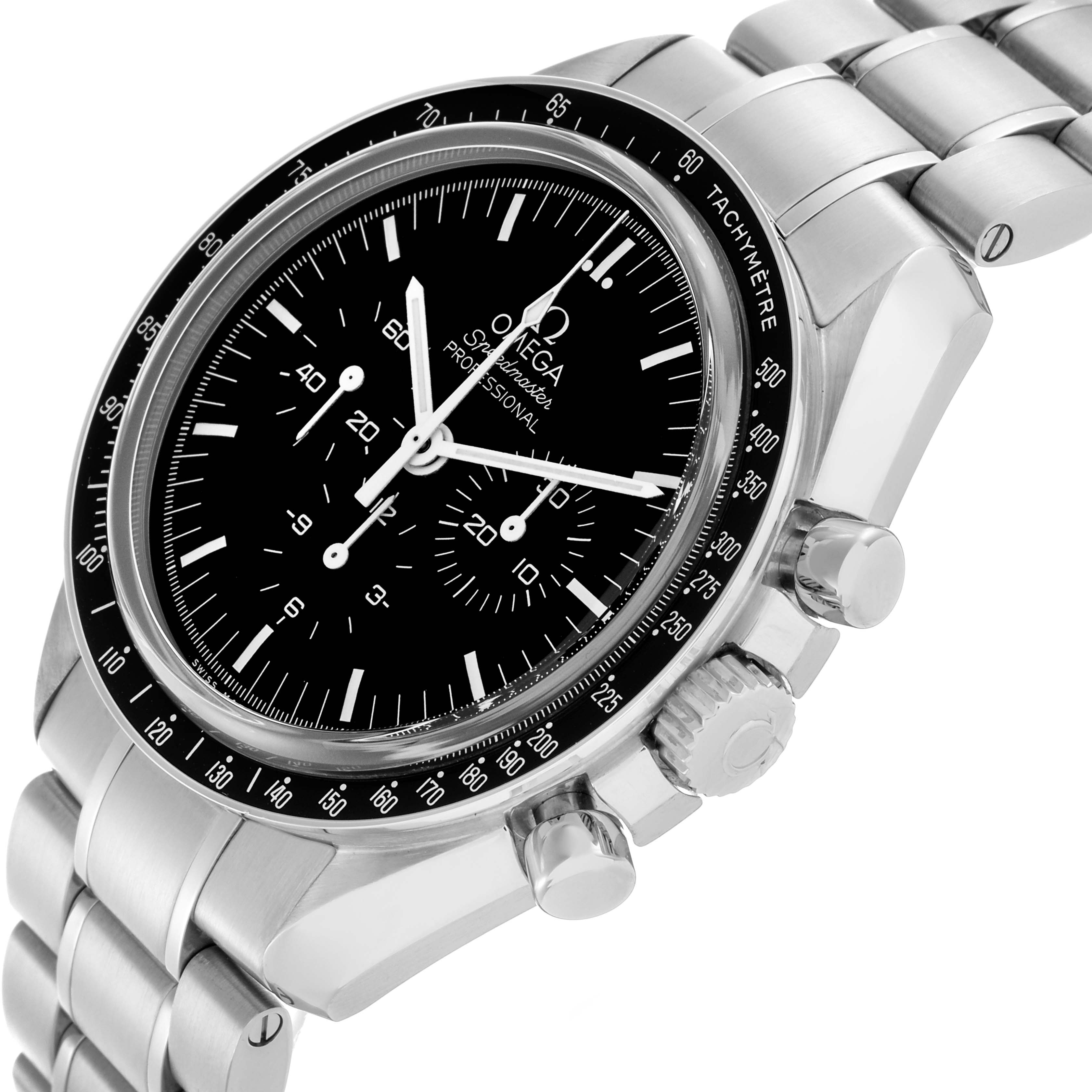 The Omega Speedmaster 311.30.42.30.01.006 Men's Stainless Steel Black Dial 311.30.42.30.01.006 Men's Stainless Steel Black Dial watch is shown at an angled view displaying the face, bezel, crown, pushers, and part of the bracelet.
