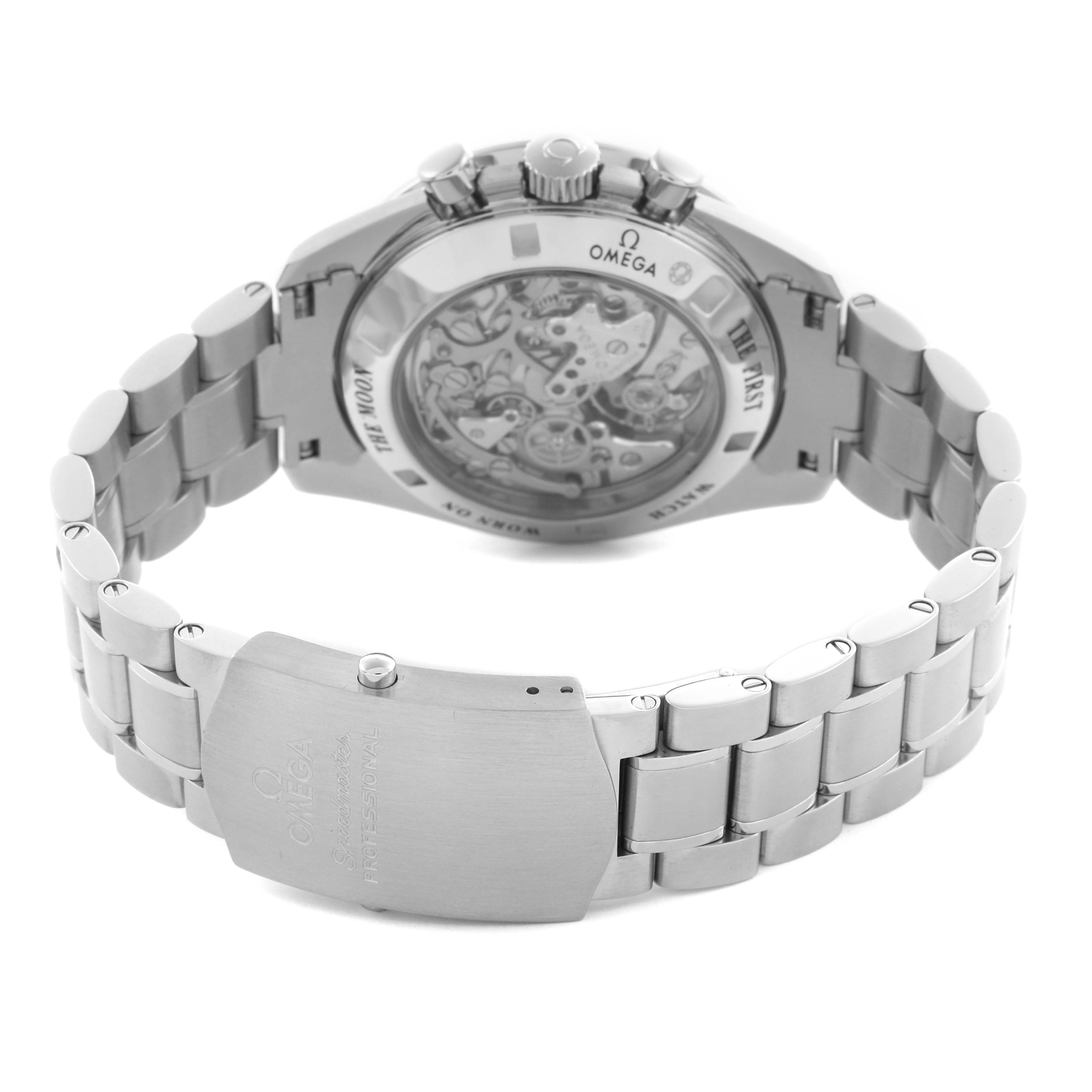 The Omega Speedmaster 311.30.42.30.01.006 Men's Stainless Steel Black Dial 311.30.42.30.01.006 Men's Stainless Steel Black Dial watch is shown from the back, highlighting its transparent case back and stainless steel bracelet.