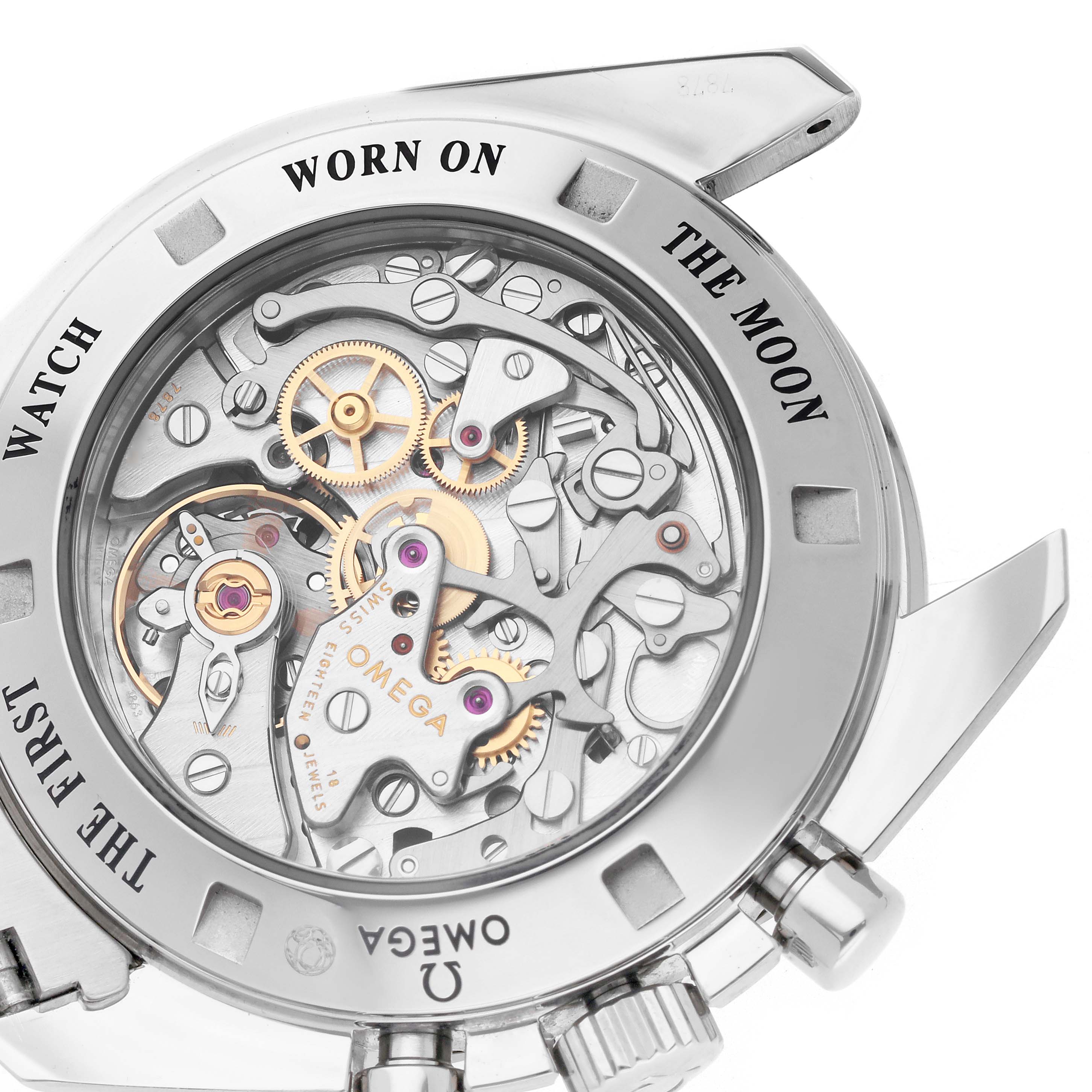 The image shows the back of an Omega Speedmaster 311.30.42.30.01.006 Men's Stainless Steel Black Dial 311.30.42.30.01.006 Men's Stainless Steel Black Dial, highlighting its intricate movement and gears.