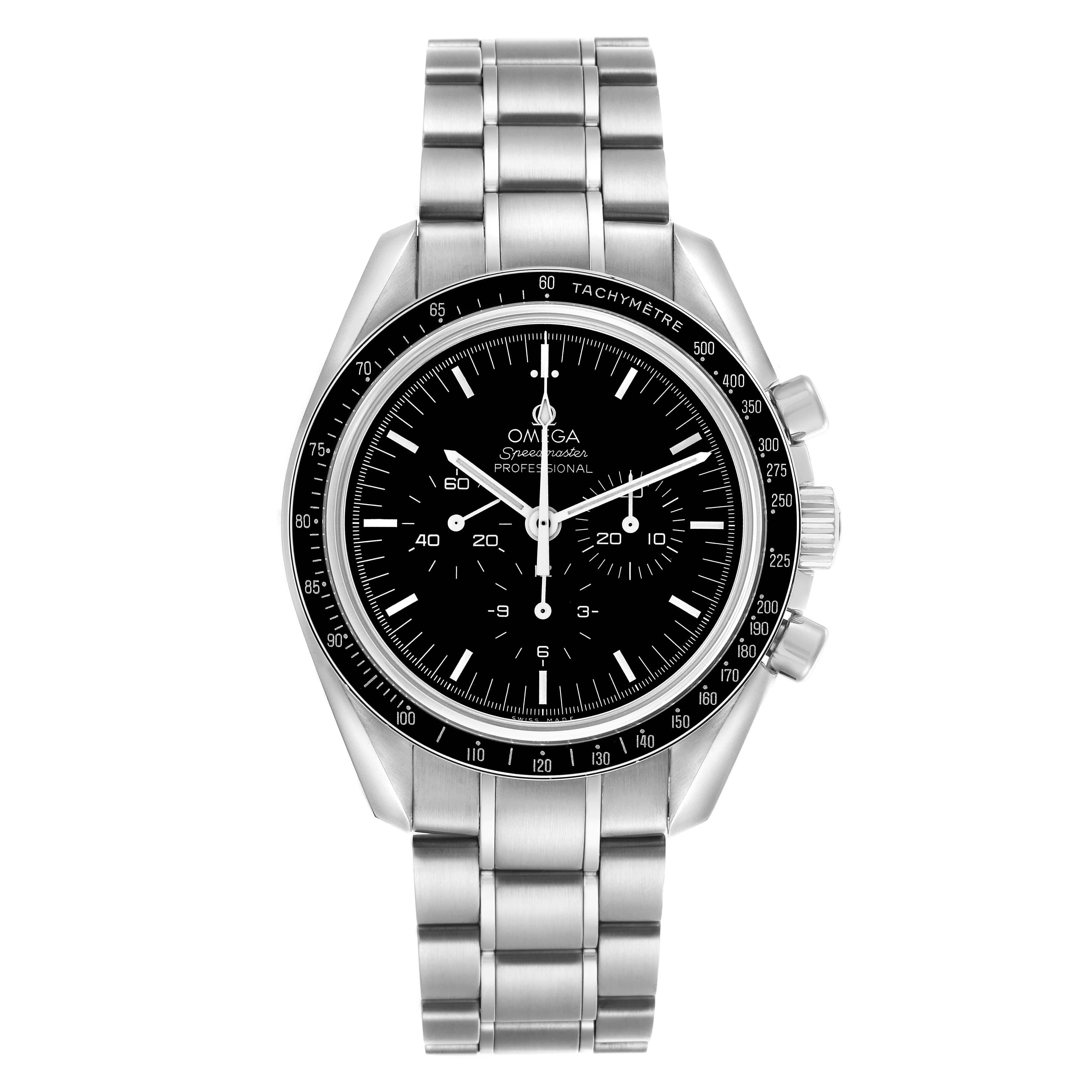 The Omega Speedmaster 311.30.42.30.01.006 Men's Stainless Steel Black Dial 311.30.42.30.01.006 Men's Stainless Steel Black Dial watch is shown from a front angle, highlighting the face, bezel, and bracelet.