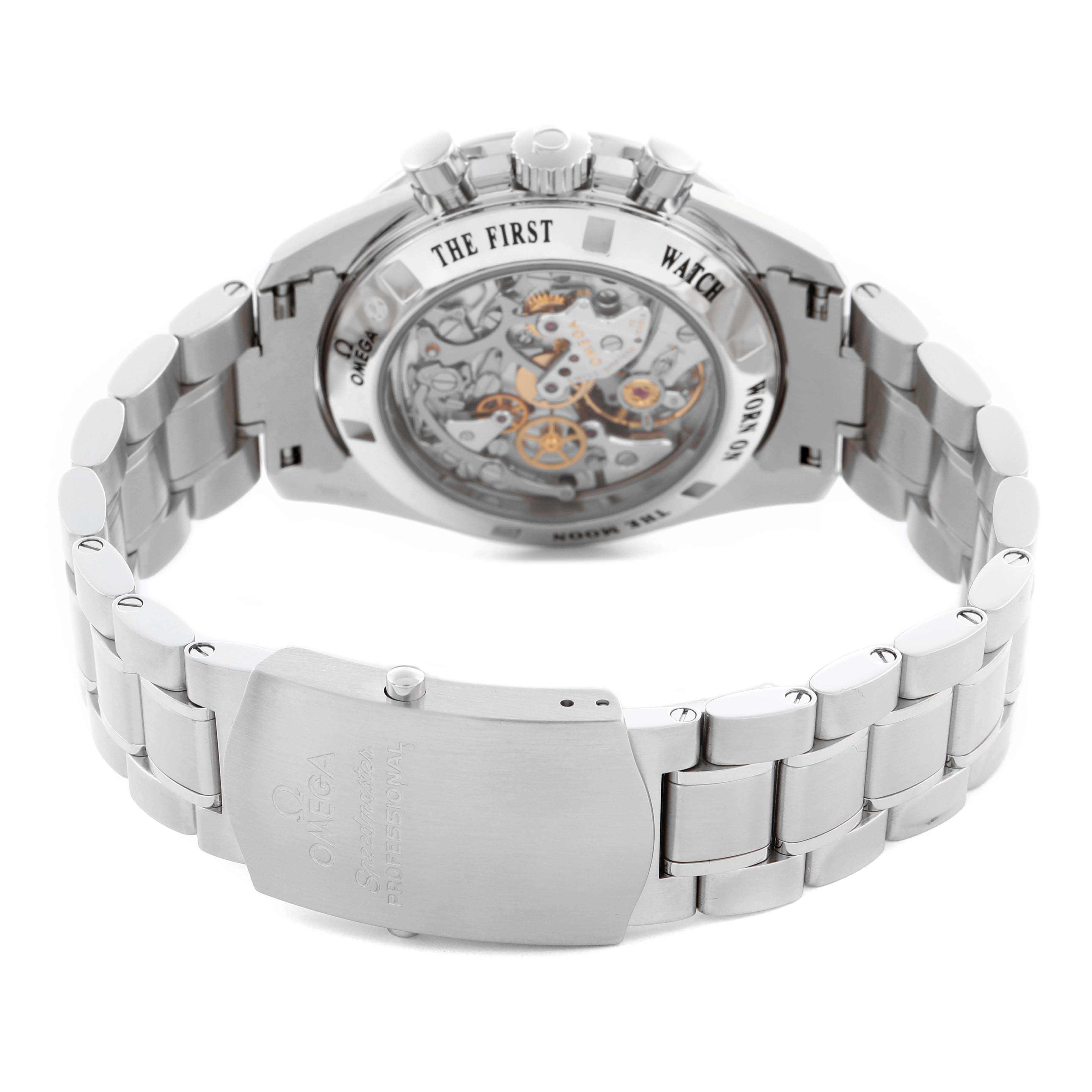 The Omega Speedmaster 311.30.42.30.01.006 Men's Stainless Steel Black Dial 311.30.42.30.01.006 Men's Stainless Steel Black Dial watch is shown from the back, highlighting the transparent case back and stainless steel bracelet.