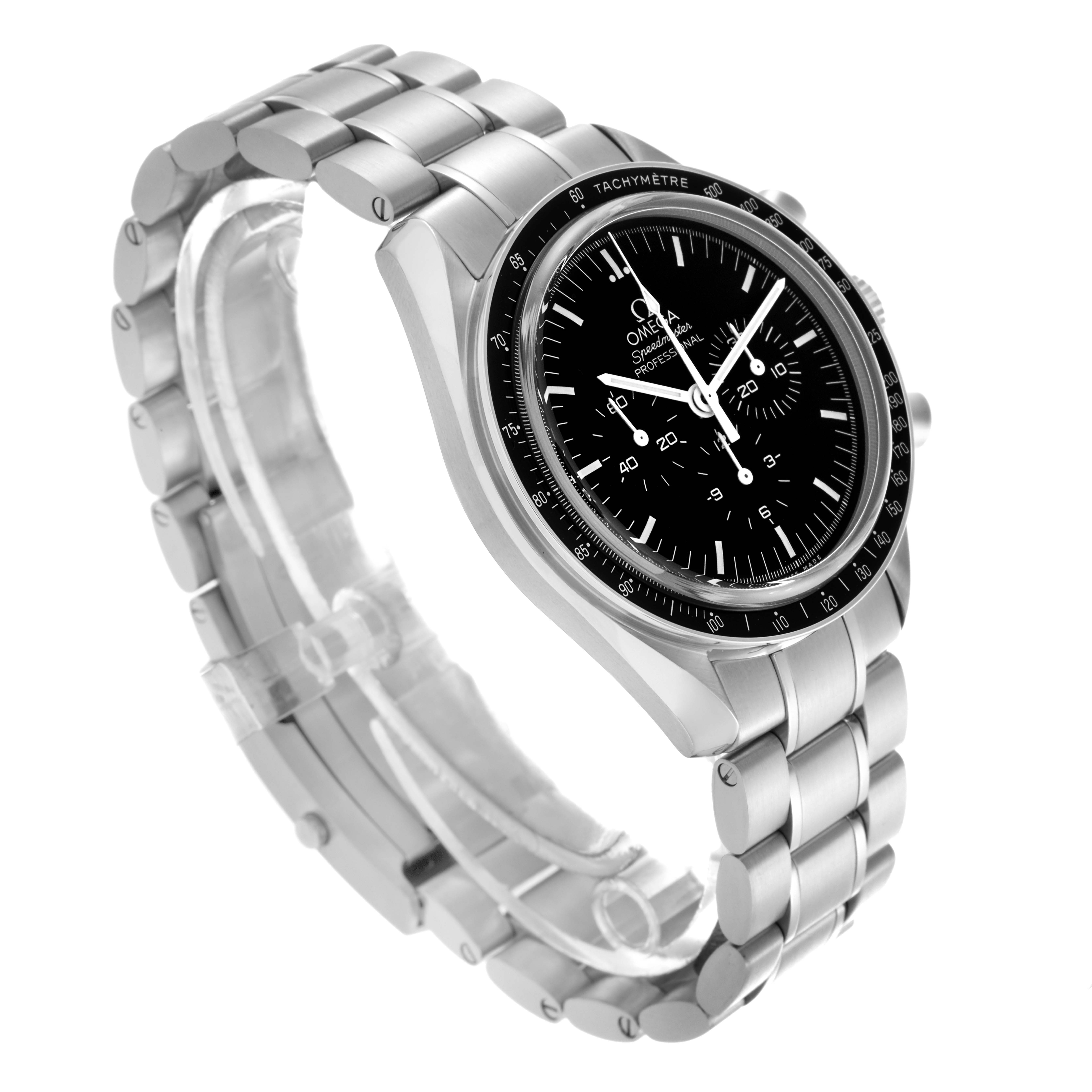 The Omega Speedmaster 311.30.42.30.01.006 Men's Stainless Steel Black Dial 311.30.42.30.01.006 Men's Stainless Steel Black Dial watch is shown at a three-quarter angle, highlighting the face, tachymeter bezel, and metal bracelet.