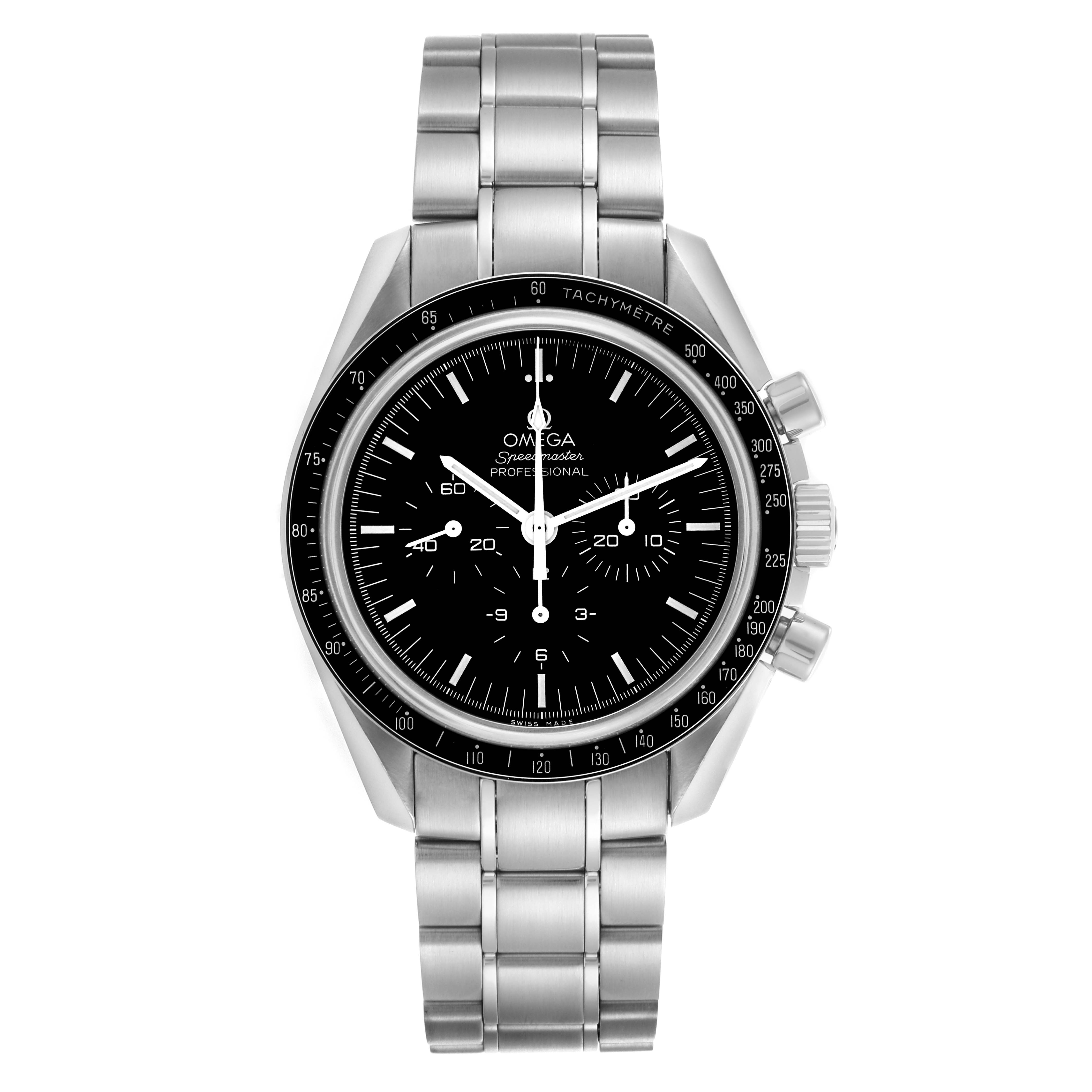 The Omega Speedmaster 311.30.42.30.01.006 Men's Stainless Steel Black Dial 311.30.42.30.01.006 Men's Stainless Steel Black Dial watch is shown from the front, displaying the dial, bezel, and metal bracelet.