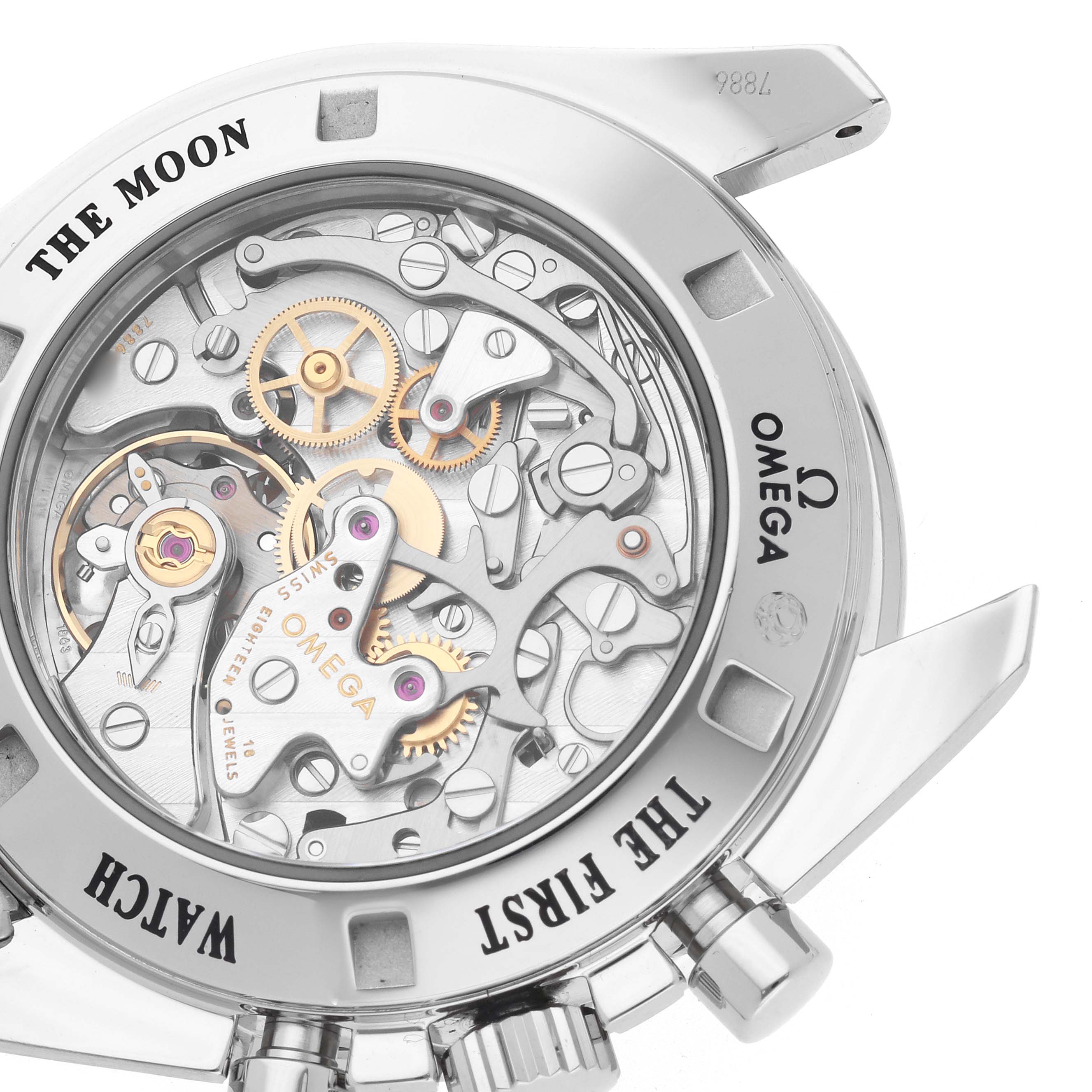 The image shows the caseback of an Omega Speedmaster 311.30.42.30.01.006 Men's Stainless Steel Black Dial 311.30.42.30.01.006 Men's Stainless Steel Black Dial, highlighting its intricate mechanical movement.