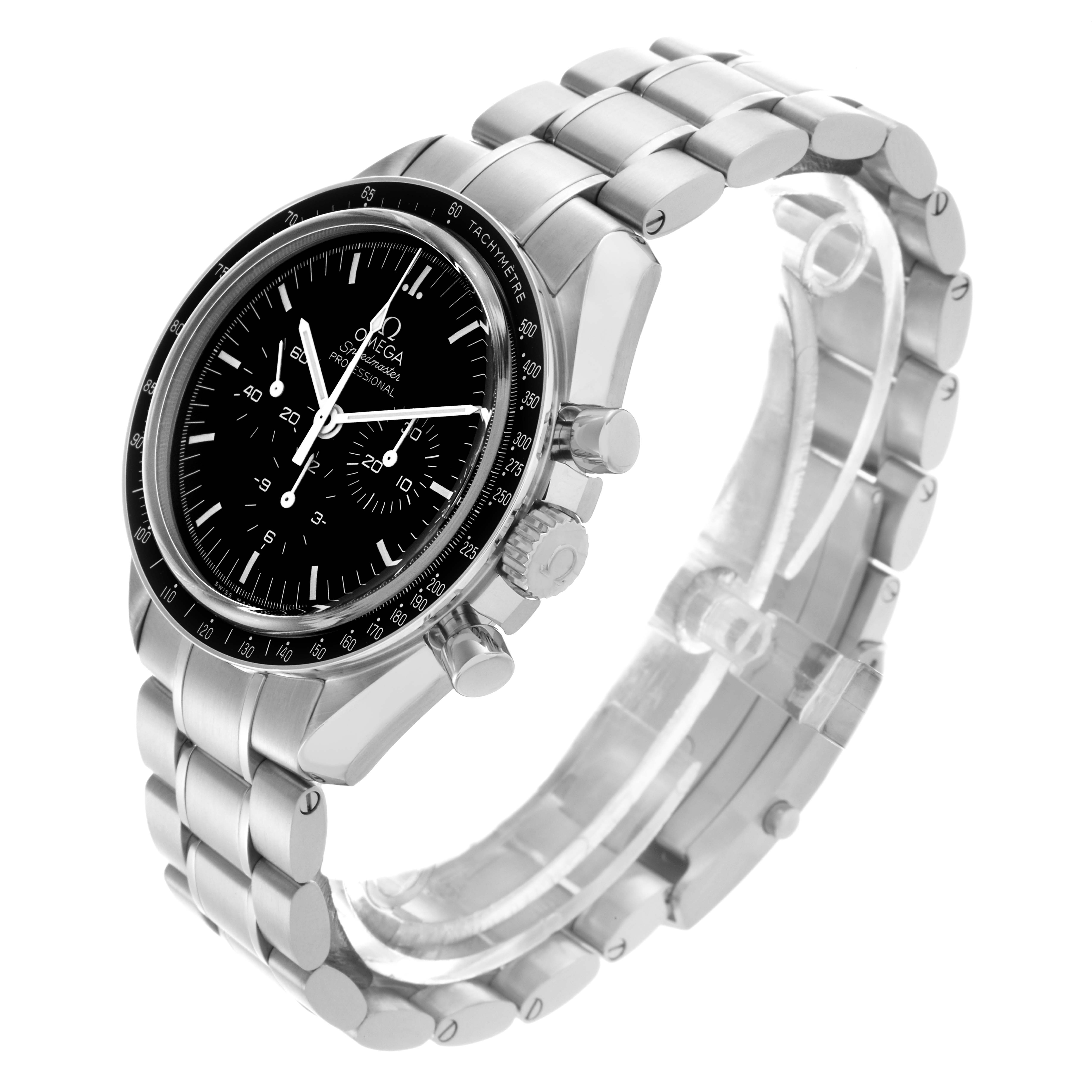 The Omega Speedmaster 311.30.42.30.01.006 Men's Stainless Steel Black Dial 311.30.42.30.01.006 Men's Stainless Steel Black Dial watch is shown from a three-quarter angle, highlighting the face, bezel, crown, pushers, and bracelet.