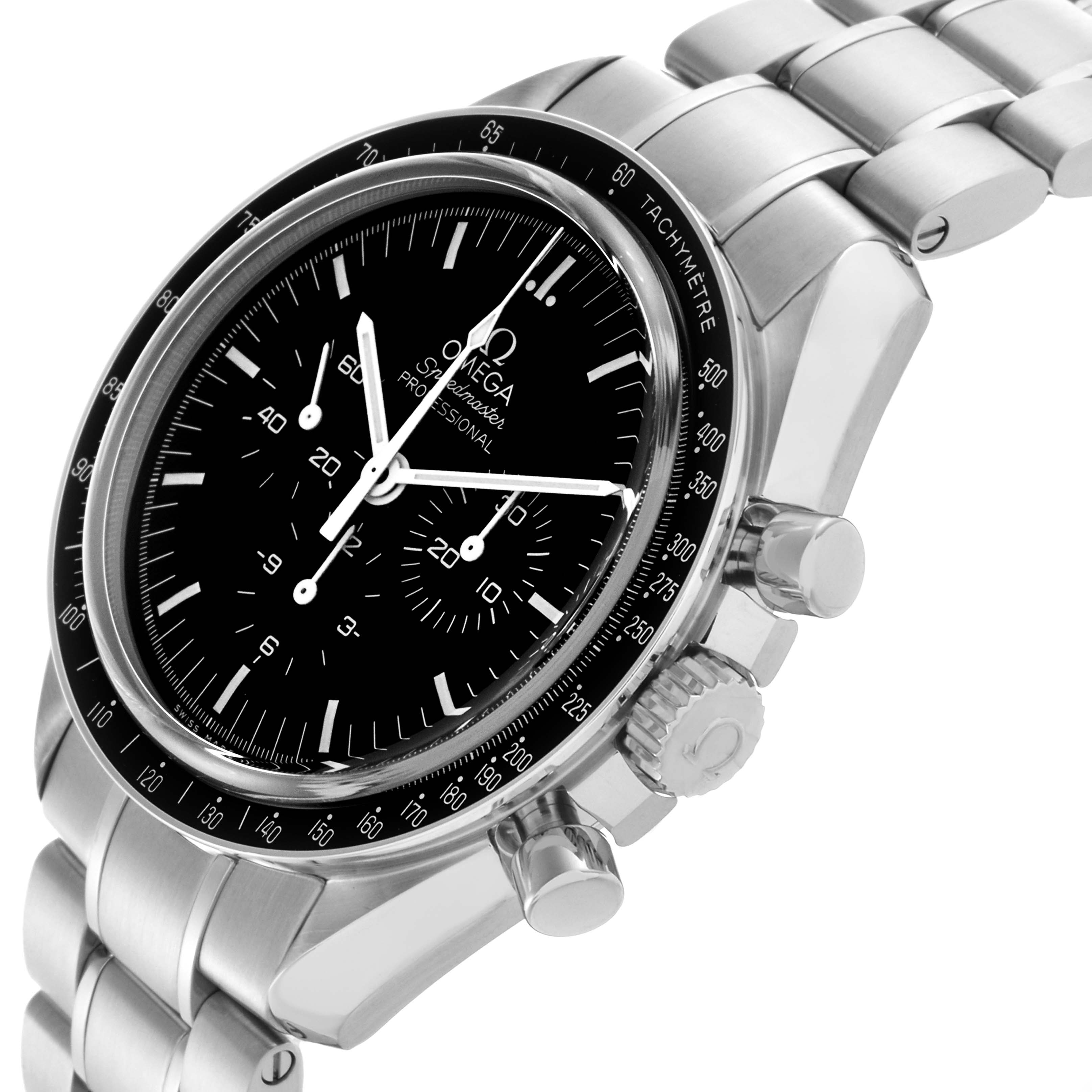 The Omega Speedmaster 311.30.42.30.01.006 Men's Stainless Steel Black Dial 311.30.42.30.01.006 Men's Stainless Steel Black Dial is shown at an angle highlighting the dial, bezel, crown, pushers, and part of the bracelet.