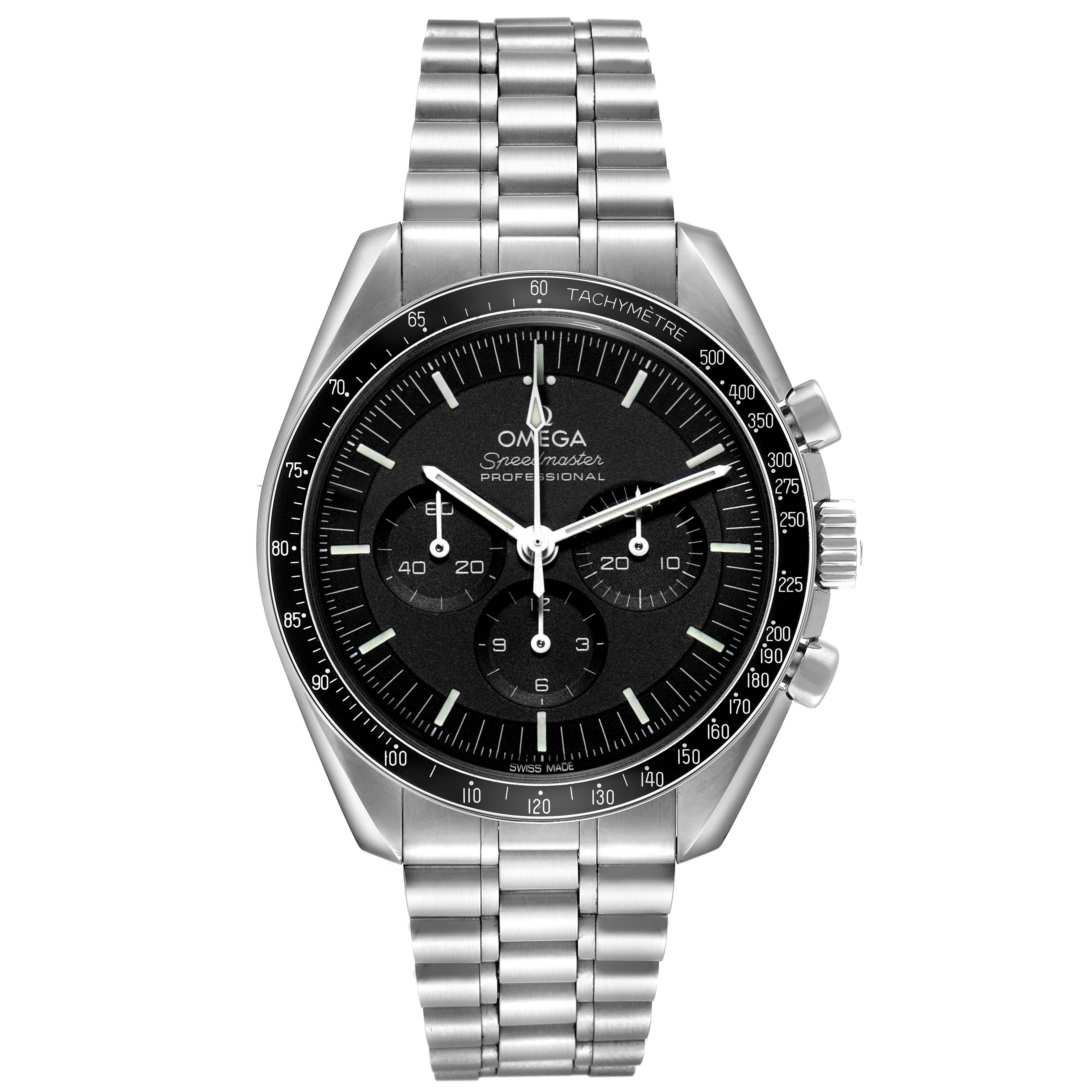 The Omega Speedmaster 310.30.42.50.01.001 Men's Stainless Steel Black Dial watch is shown from the front, displaying the dial, bezel with tachymeter, pushers, and stainless steel bracelet.