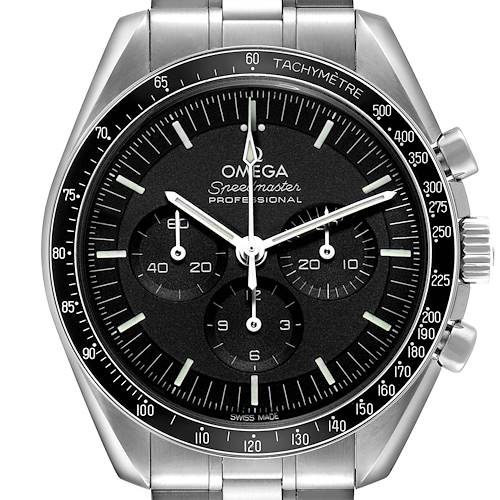 The Omega Speedmaster 310.30.42.50.01.001 Men's Stainless Steel Black Dial watch is shown from the front, highlighting its black dial, chronograph subdials, and tachymetric bezel.